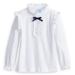 Ruffled Pima Blouse -- White w/ Navy Bow