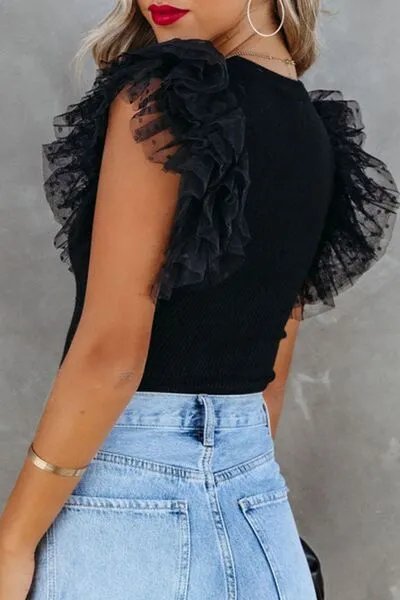 Ruffled Round Neck Cap Sleeve Blouse