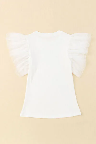 Ruffled Round Neck Cap Sleeve Blouse