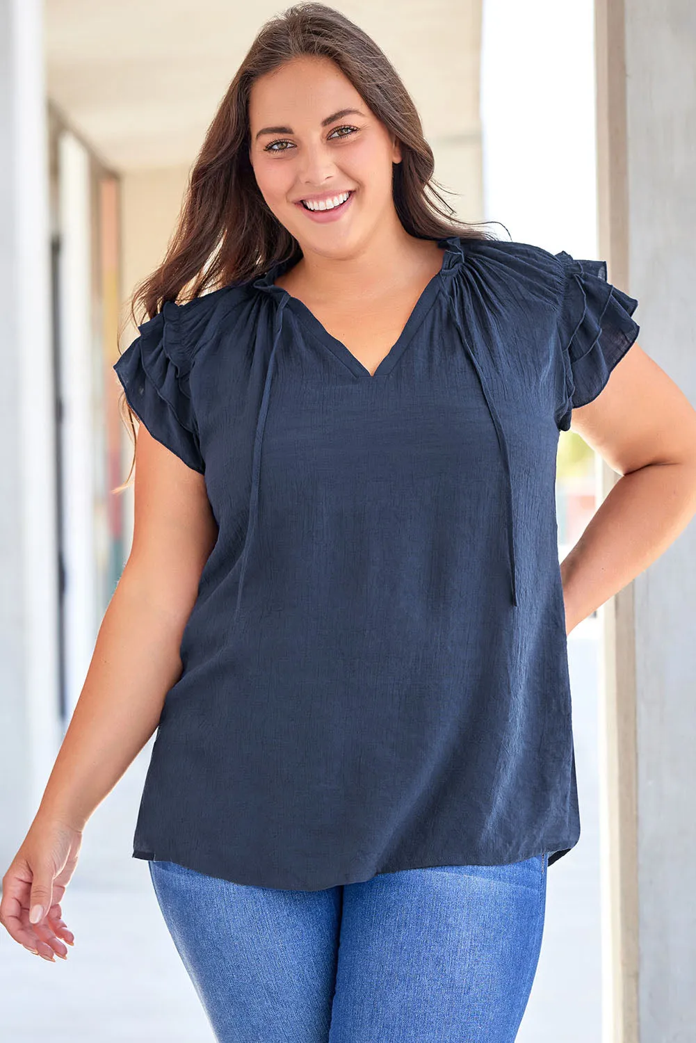 Ruffled Sleeve Drawstring Plus Size Blouse