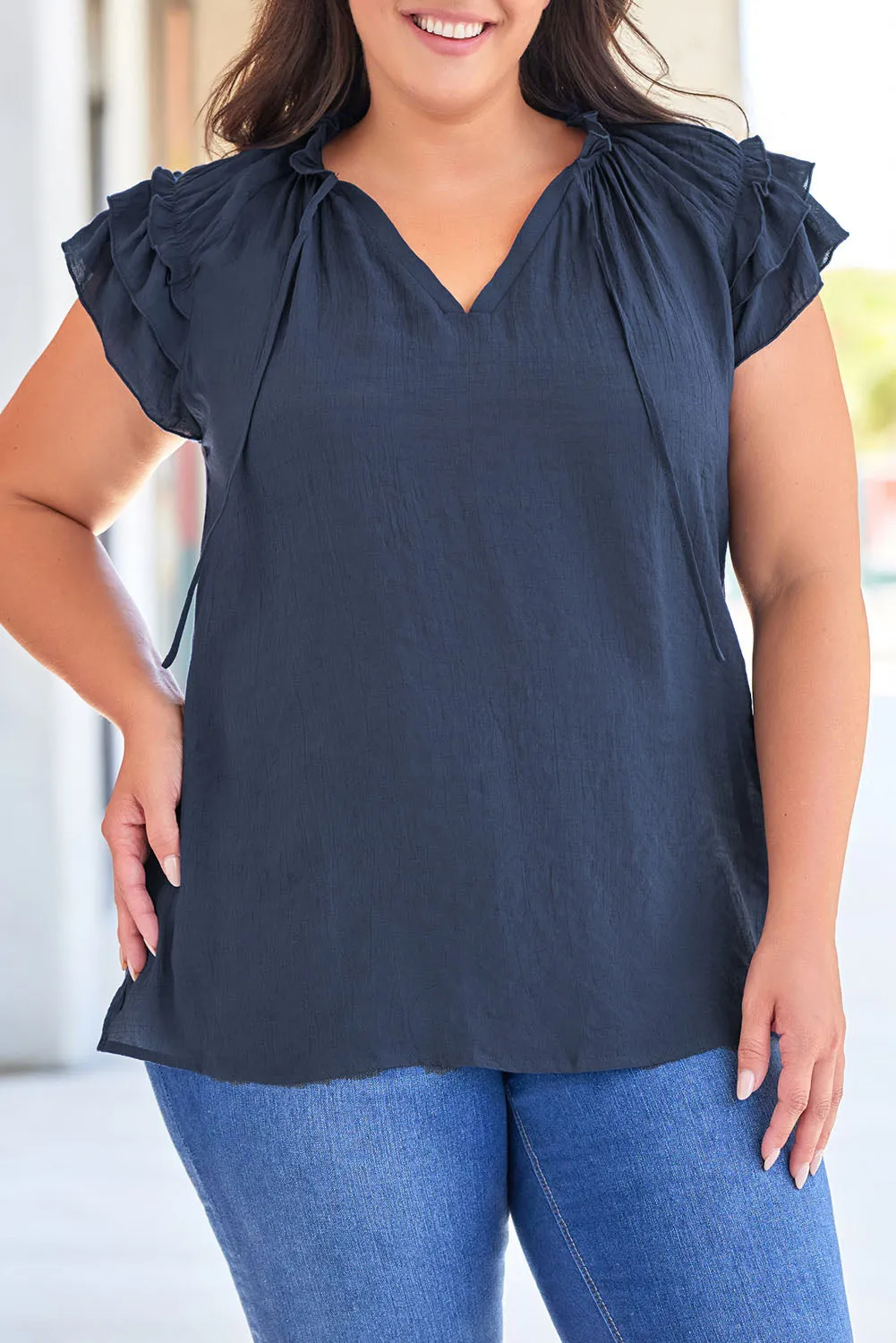 Ruffled Sleeve Drawstring Plus Size Blouse