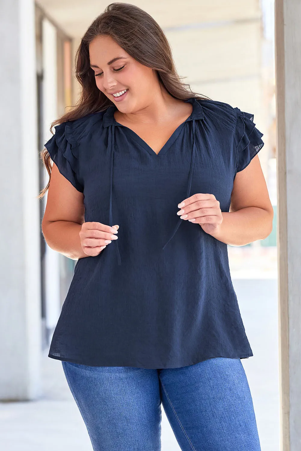 Ruffled Sleeve Drawstring Plus Size Blouse