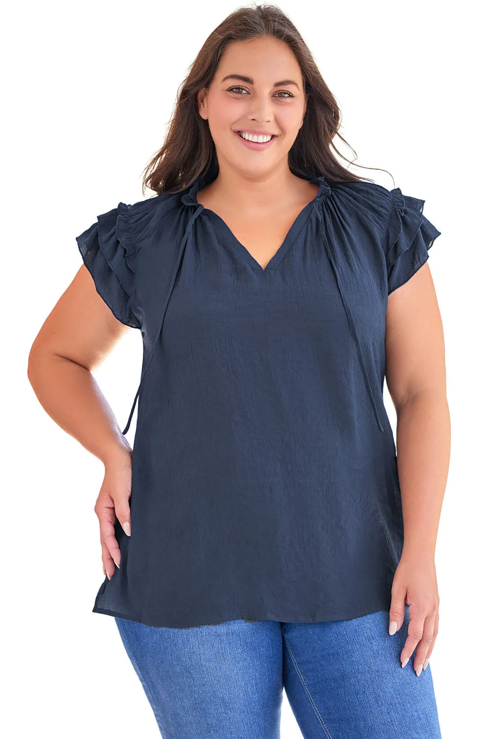 Ruffled Sleeve Drawstring Plus Size Blouse