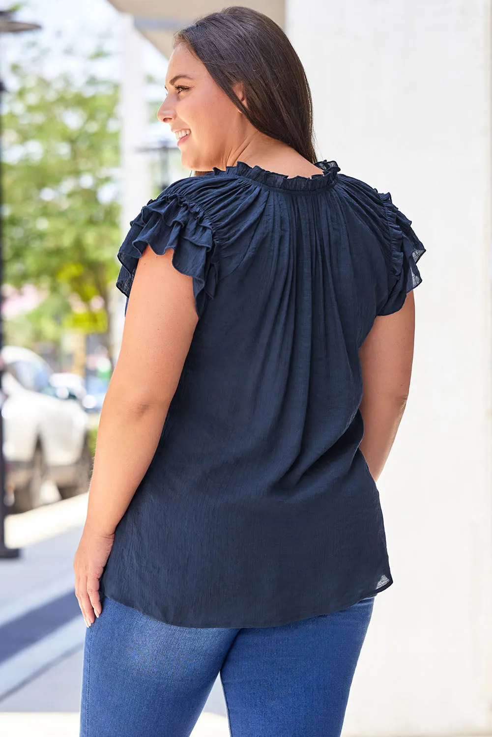 Ruffled Sleeve Drawstring Plus Size Blouse