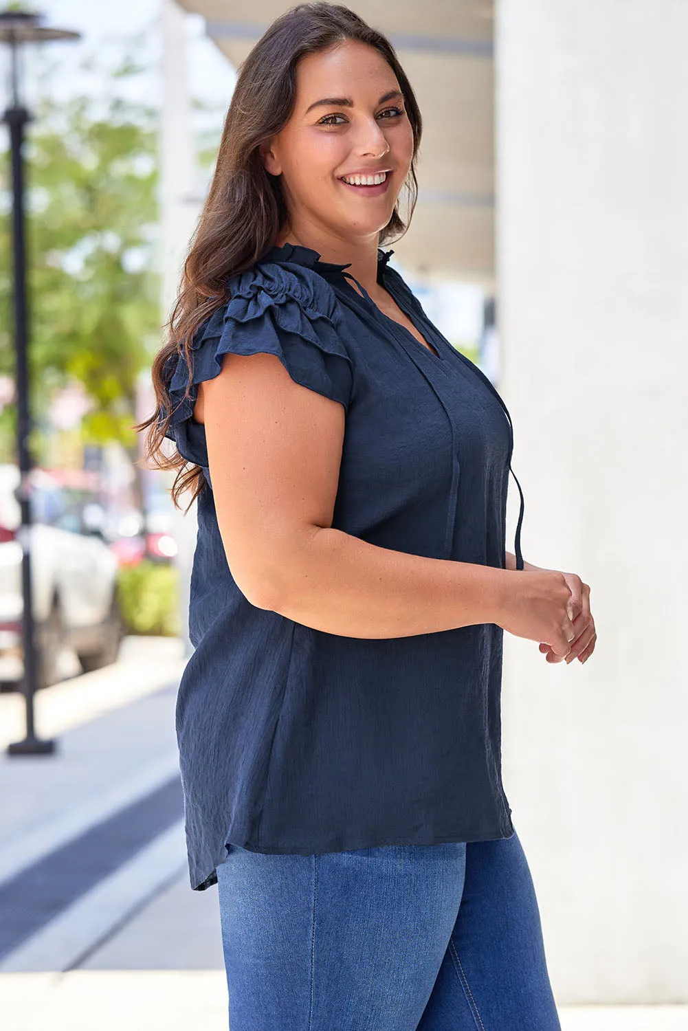 Ruffled Sleeve Drawstring Plus Size Blouse