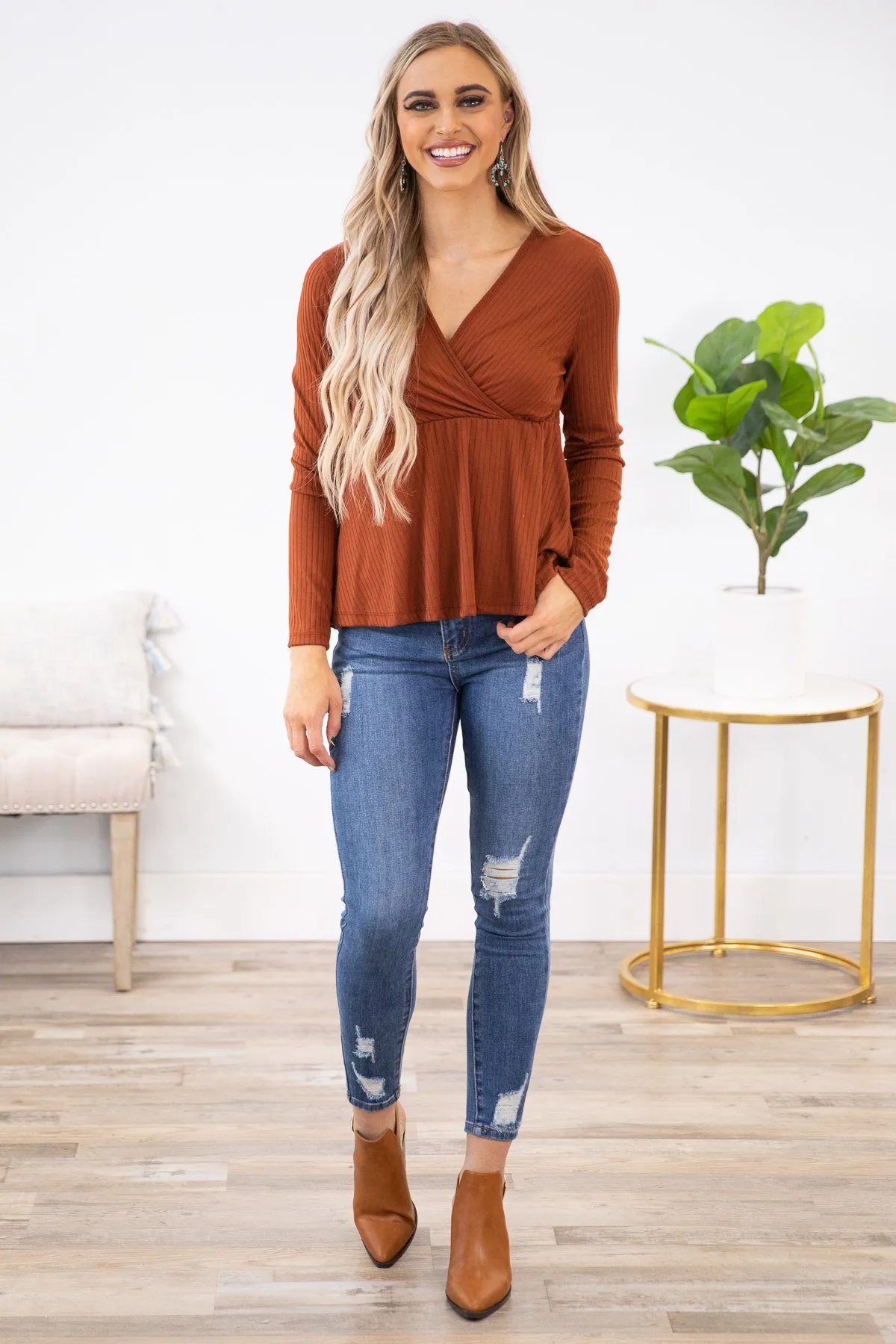 Rust Rib Knit Surplice Top with Peplum