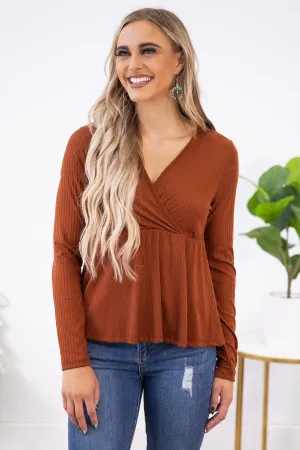 Rust Rib Knit Surplice Top with Peplum