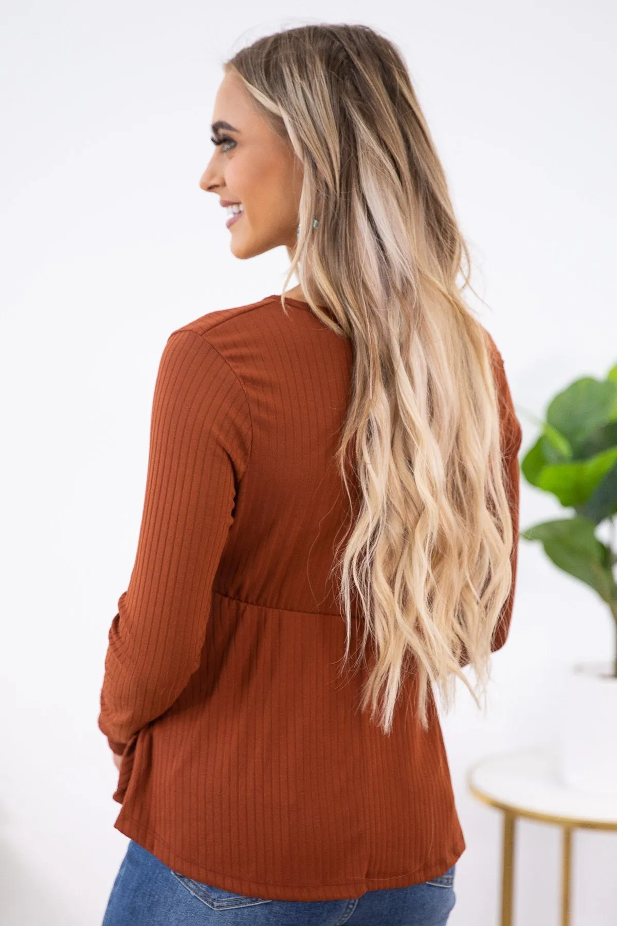 Rust Rib Knit Surplice Top with Peplum