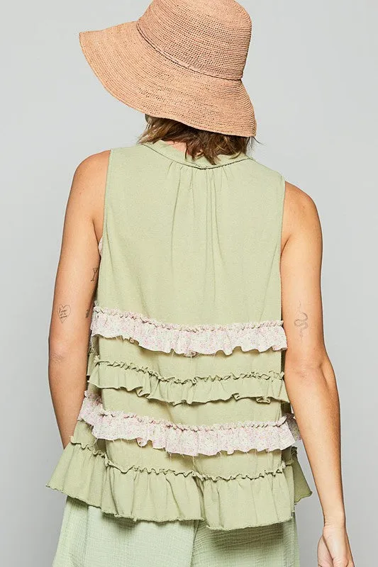 Sage Ruffled Open Front Sleeveless Cardigan