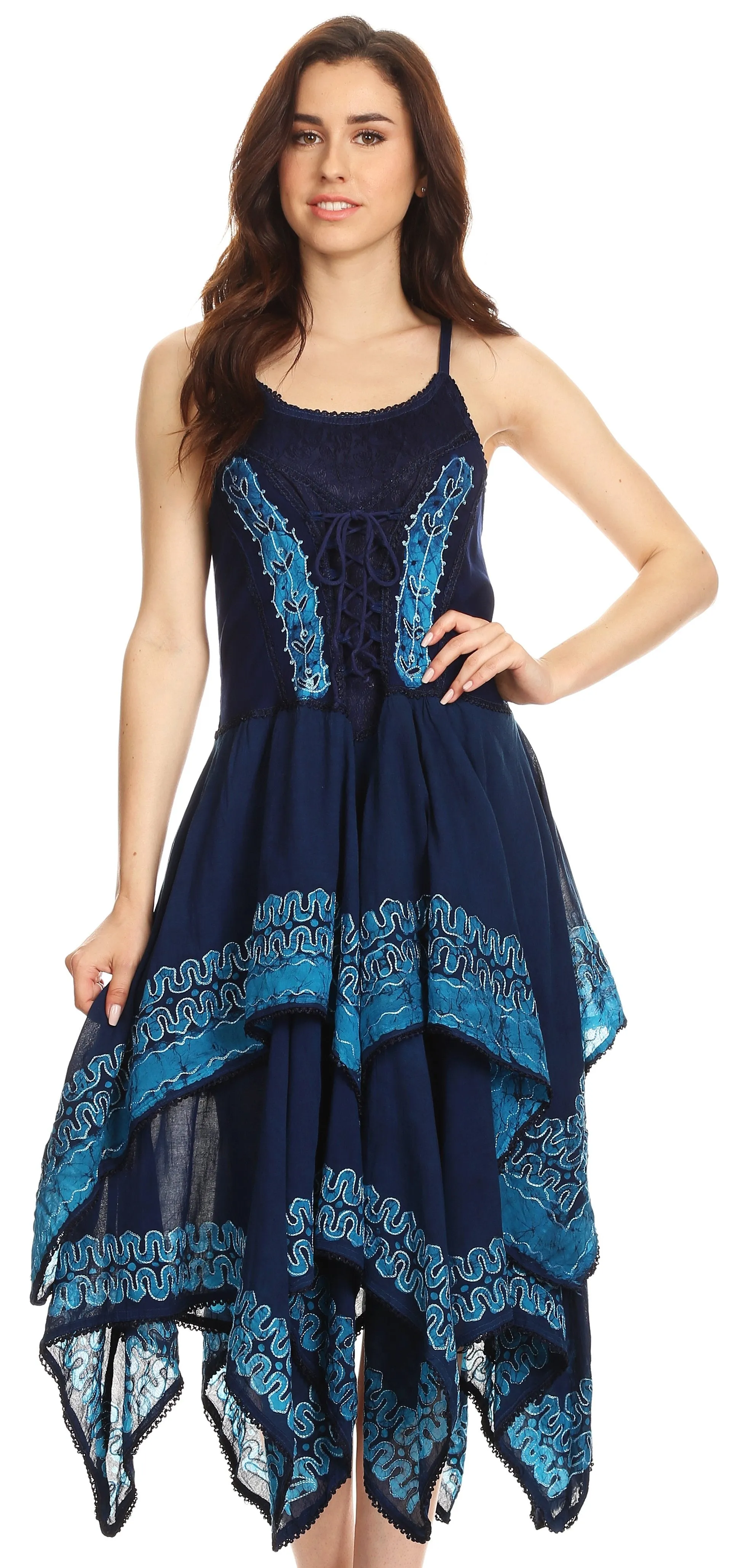 Sakkas Batik Corset Style Bodice Handkerchief Hem Dress