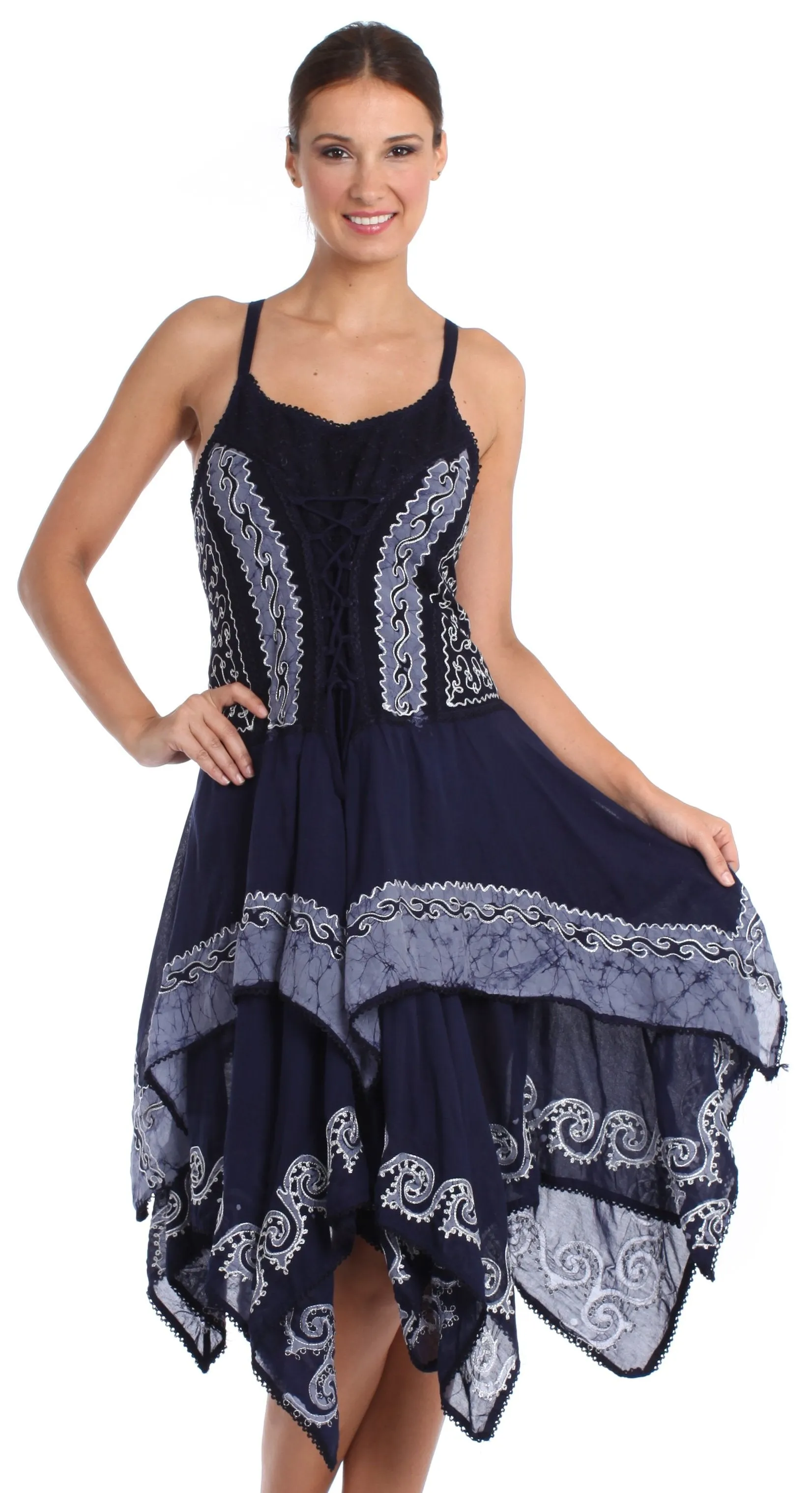 Sakkas Batik Corset Style Bodice Handkerchief Hem Dress