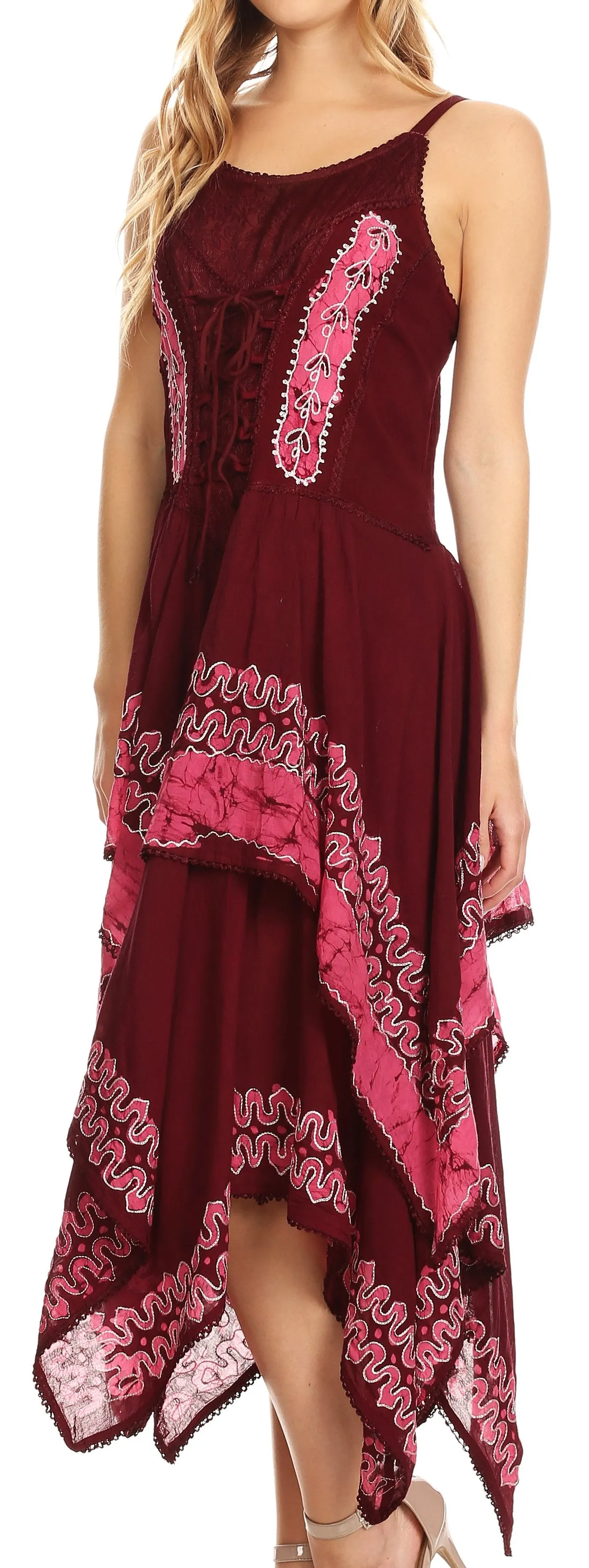 Sakkas Batik Corset Style Bodice Handkerchief Hem Dress