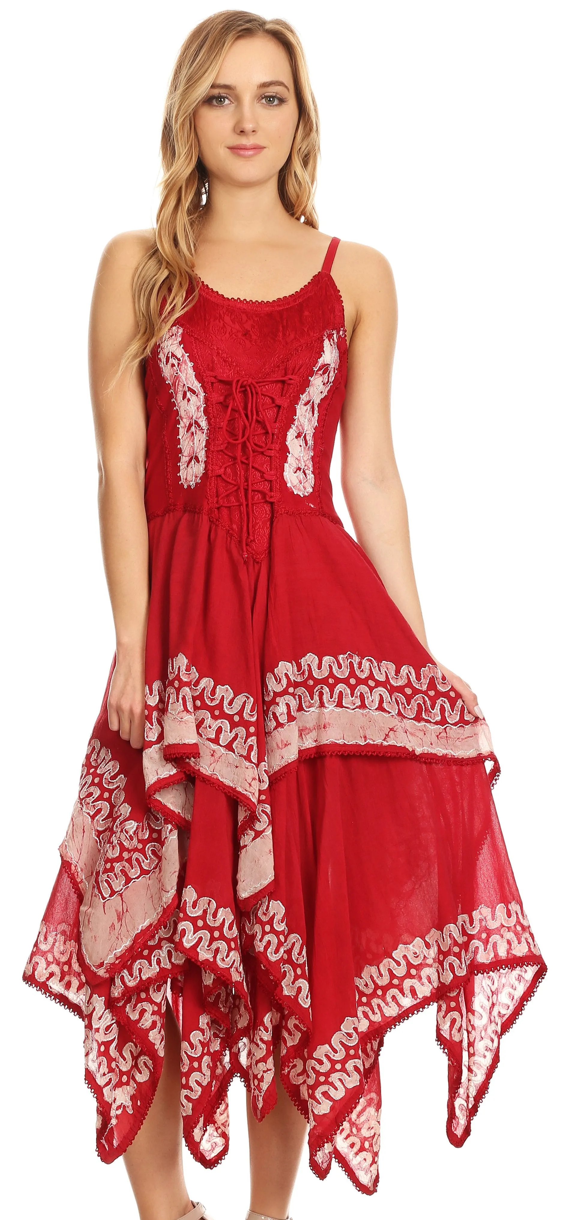 Sakkas Batik Corset Style Bodice Handkerchief Hem Dress