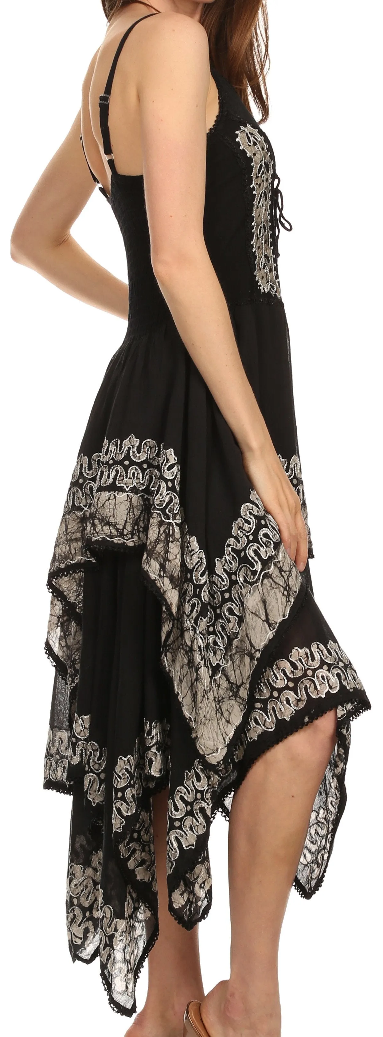 Sakkas Batik Corset Style Bodice Handkerchief Hem Dress