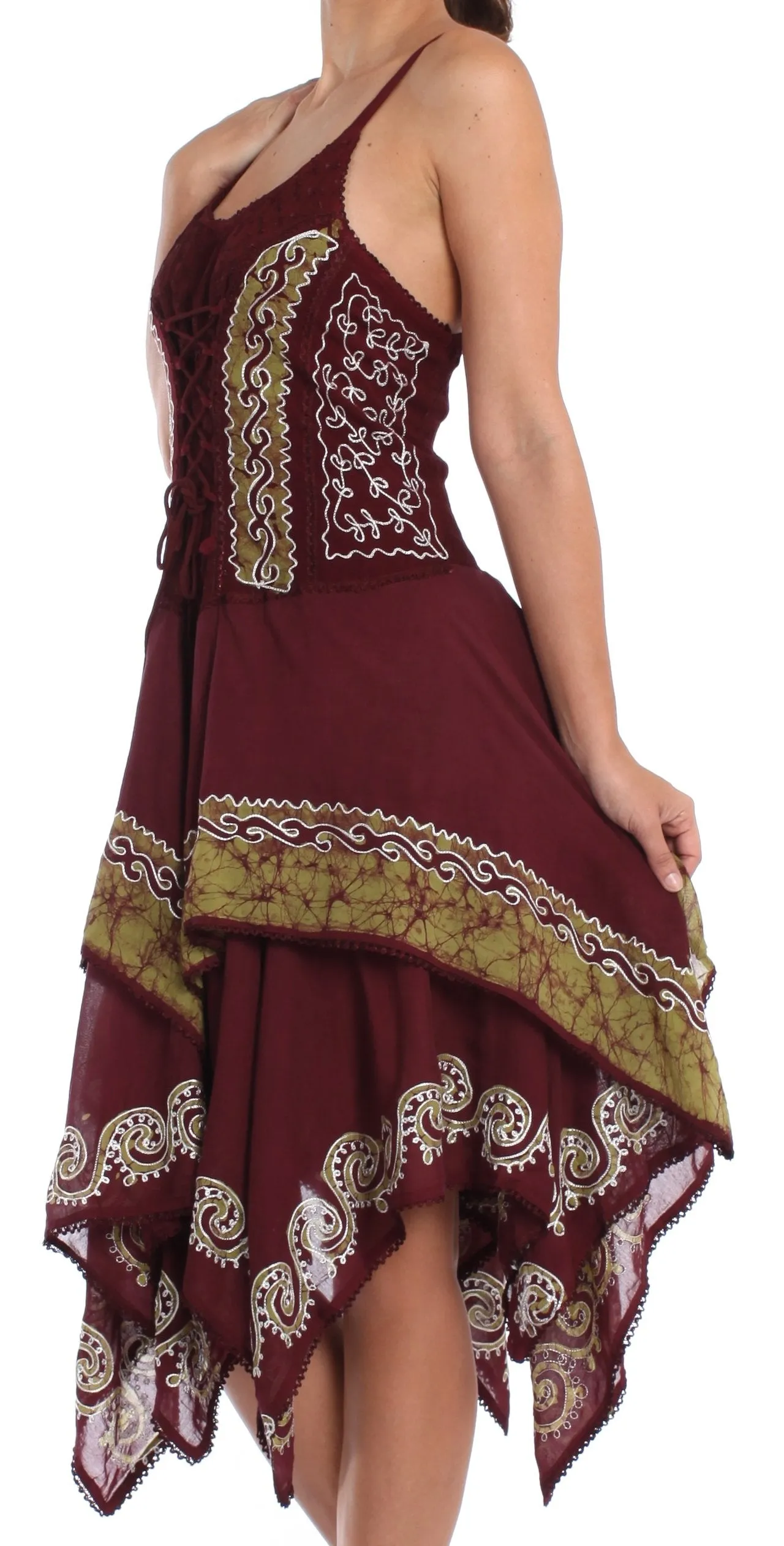 Sakkas Batik Corset Style Bodice Handkerchief Hem Dress