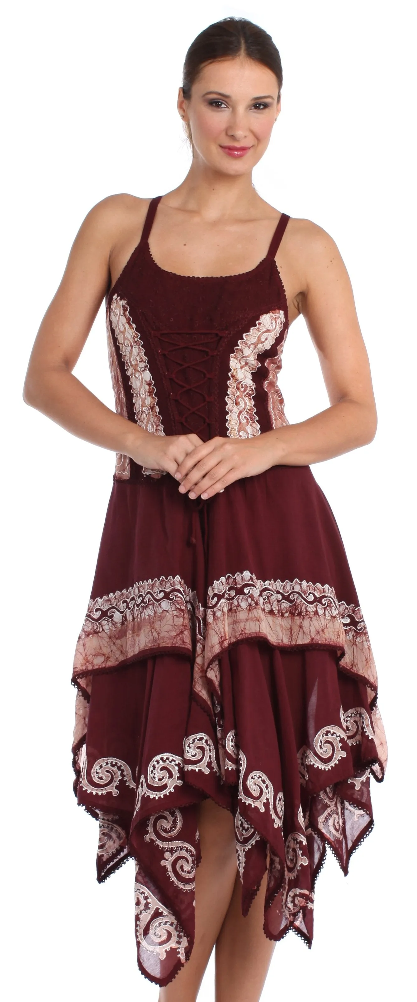 Sakkas Batik Corset Style Bodice Handkerchief Hem Dress
