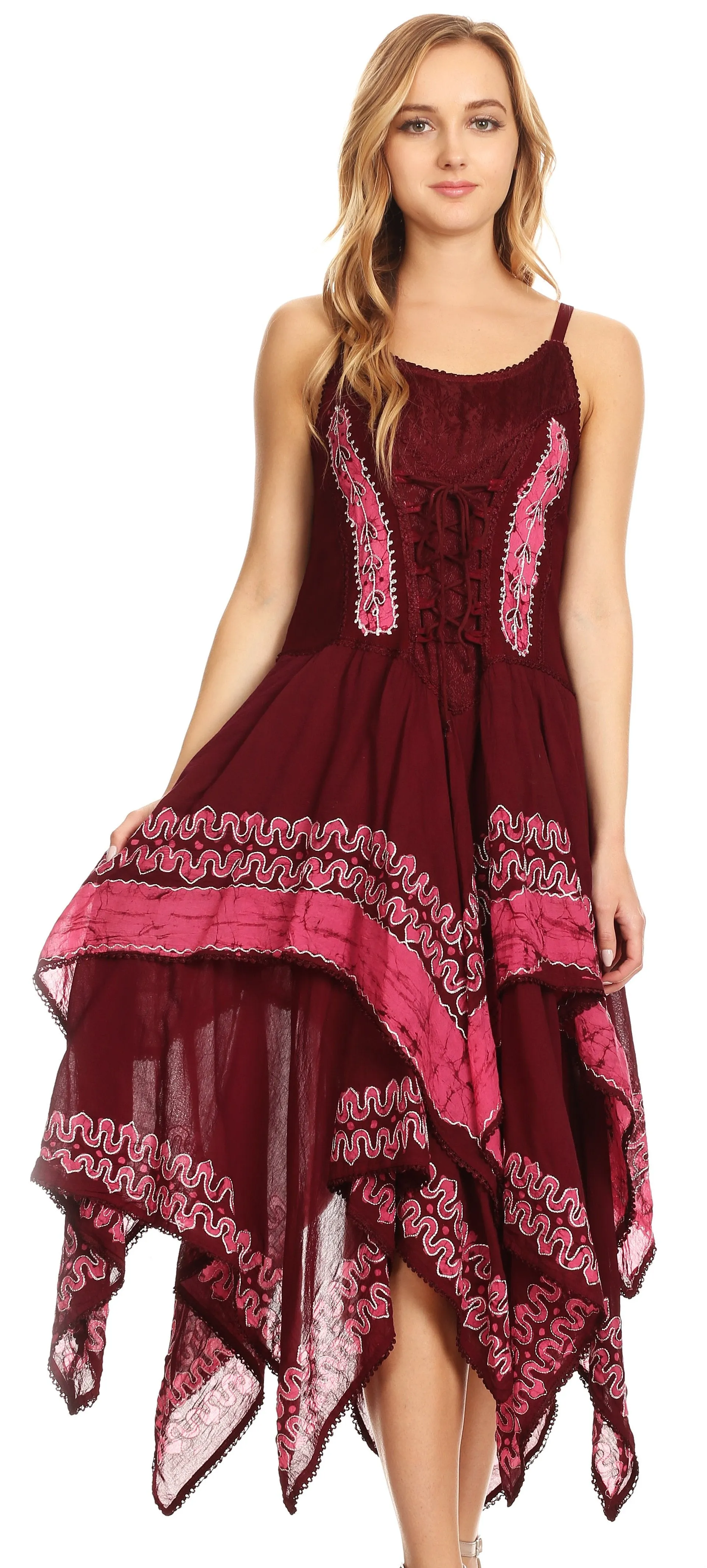 Sakkas Batik Corset Style Bodice Handkerchief Hem Dress