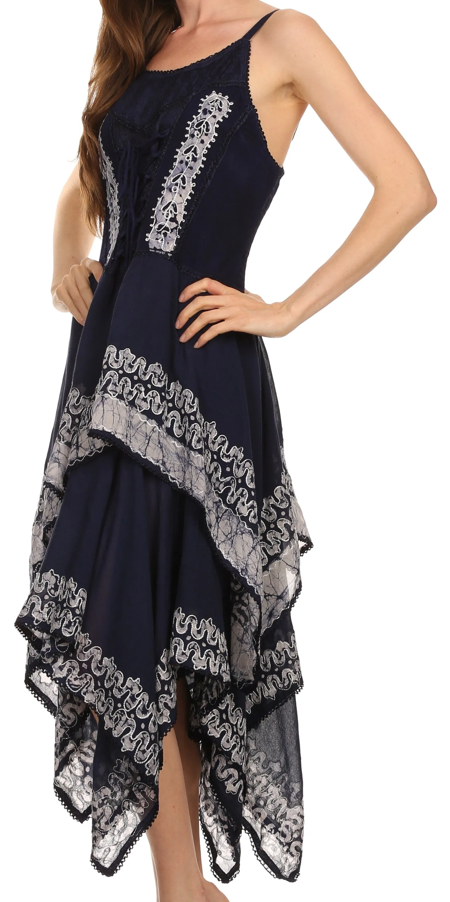 Sakkas Batik Corset Style Bodice Handkerchief Hem Dress