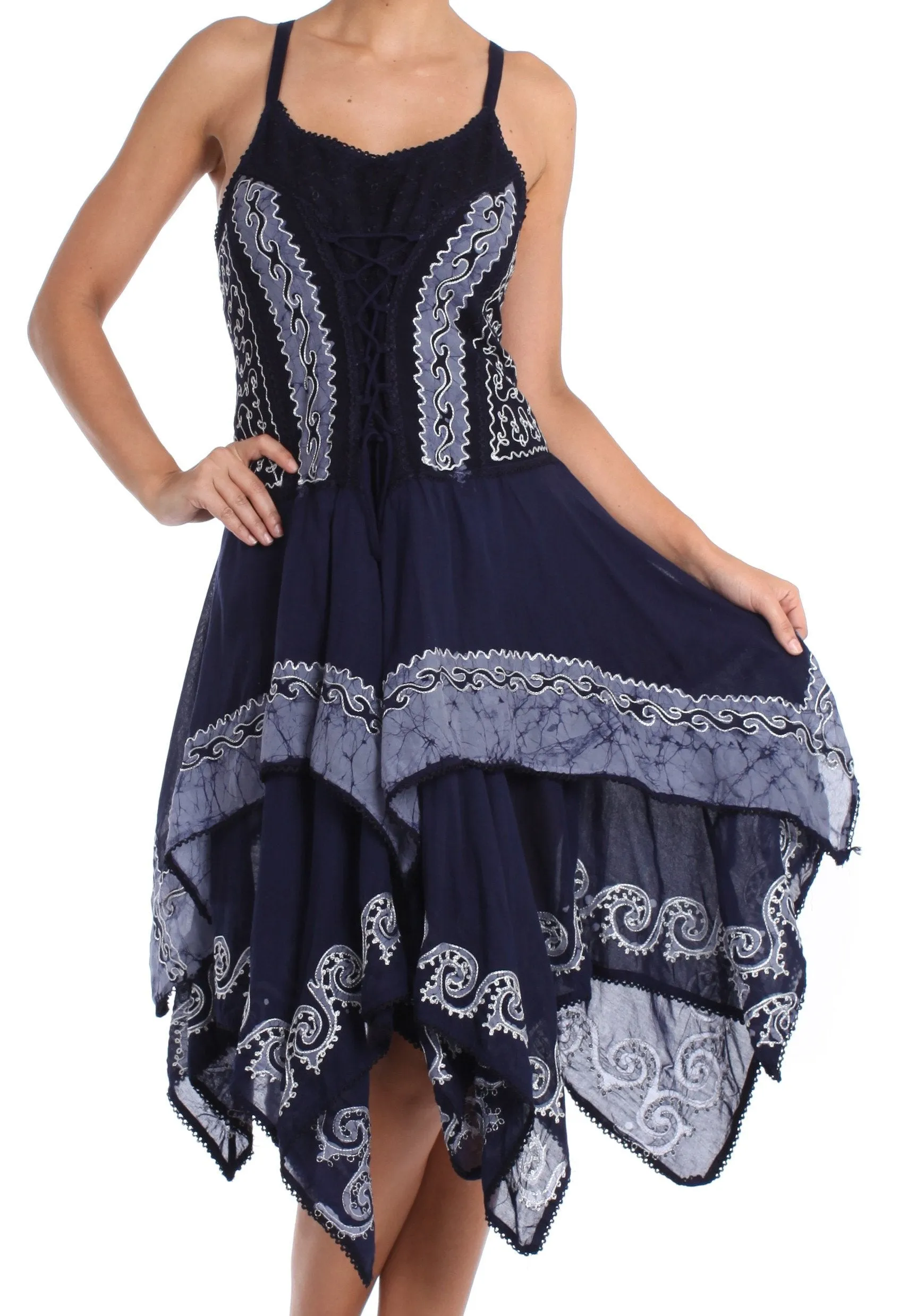 Sakkas Batik Corset Style Bodice Handkerchief Hem Dress