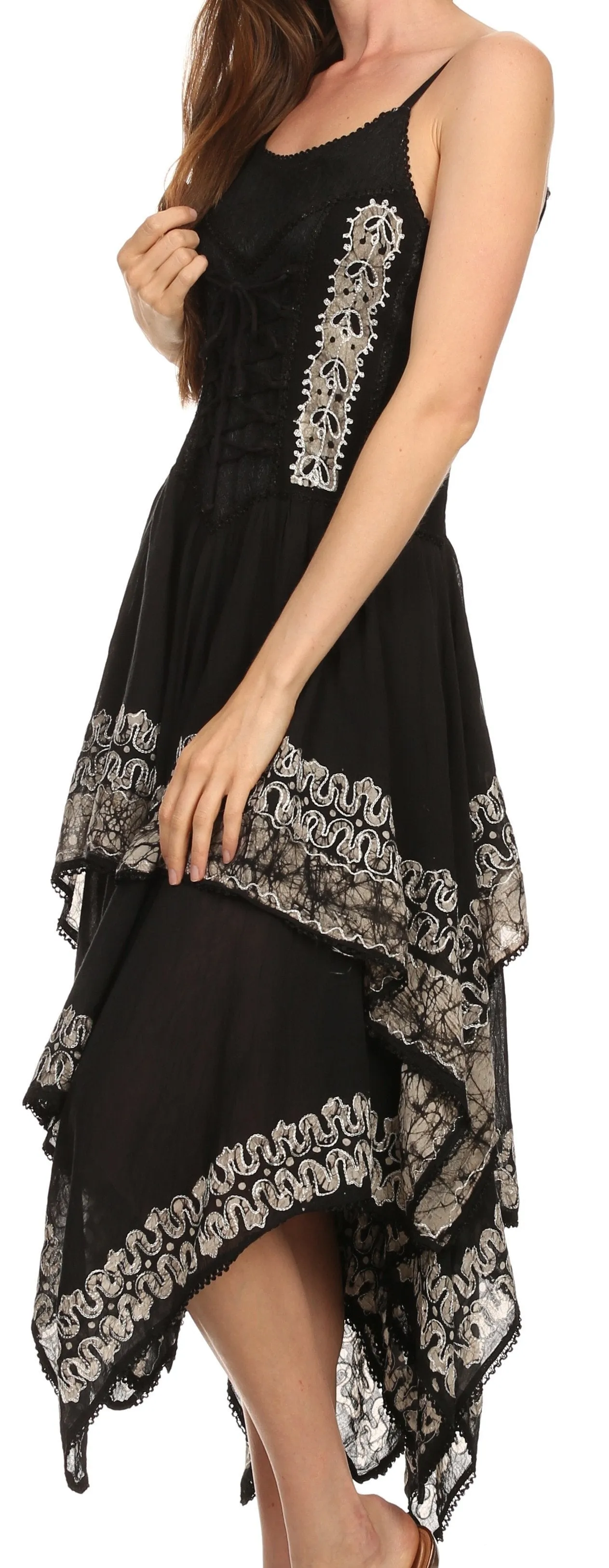 Sakkas Batik Corset Style Bodice Handkerchief Hem Dress