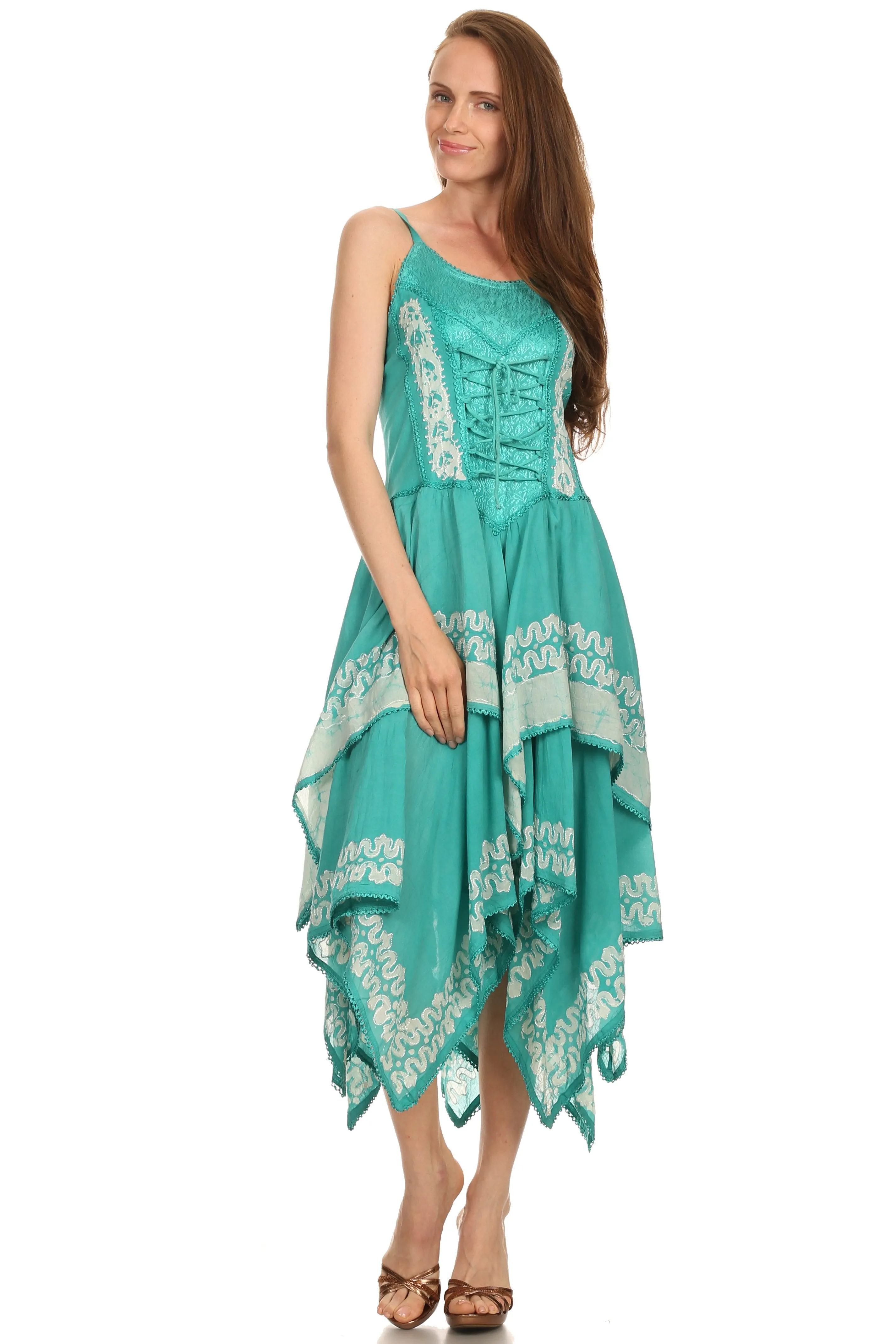 Sakkas Batik Corset Style Bodice Handkerchief Hem Dress