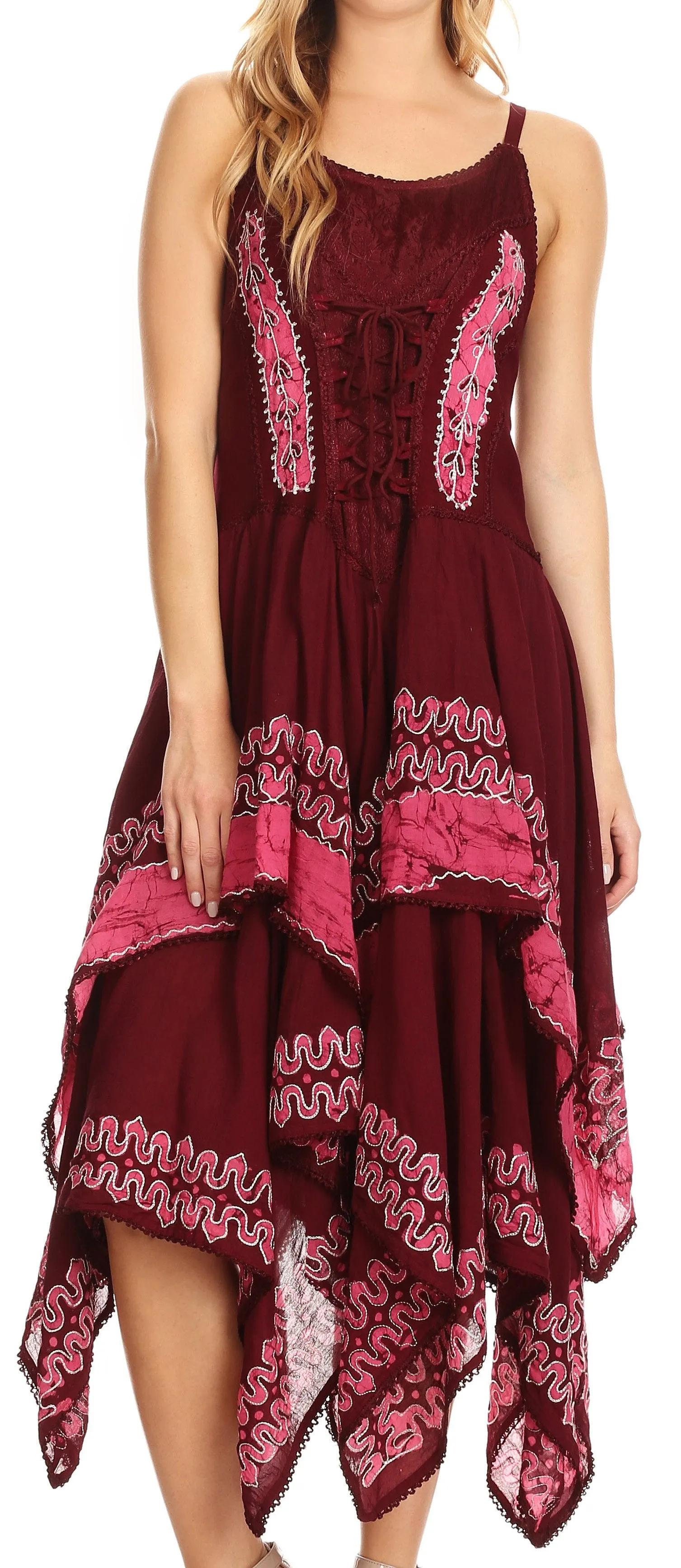 Sakkas Batik Corset Style Bodice Handkerchief Hem Dress