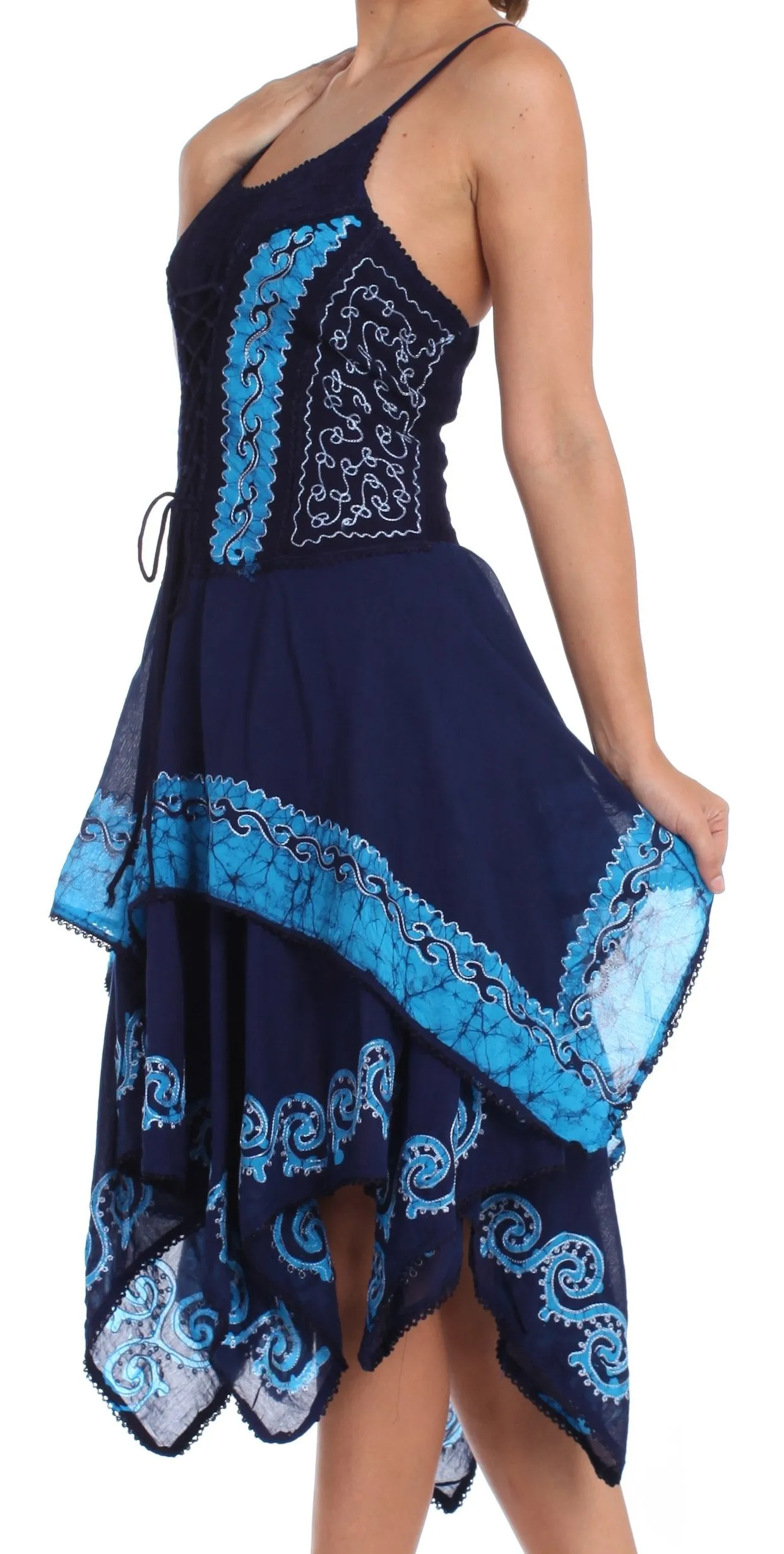 Sakkas Batik Corset Style Bodice Handkerchief Hem Dress