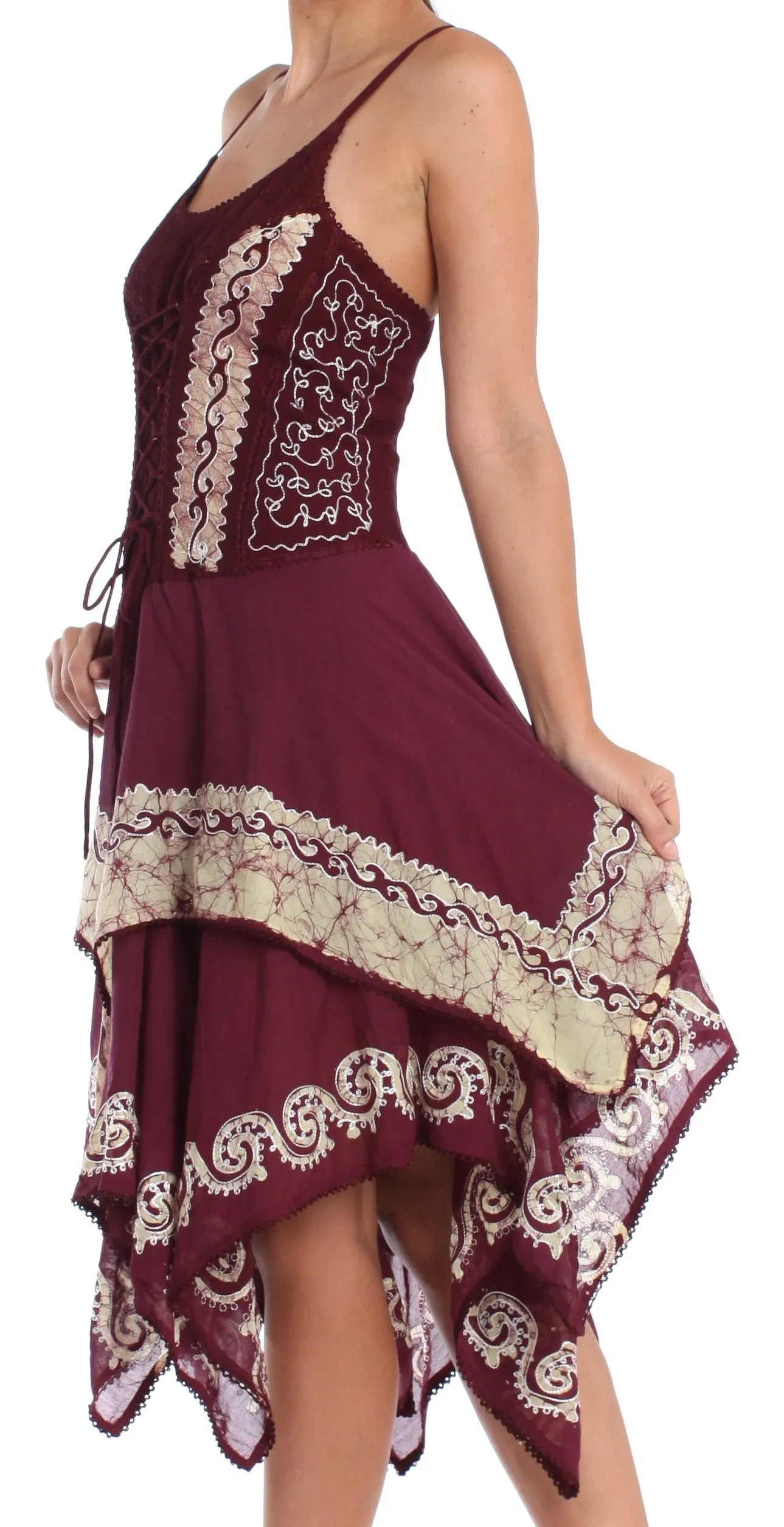Sakkas Batik Corset Style Bodice Handkerchief Hem Dress