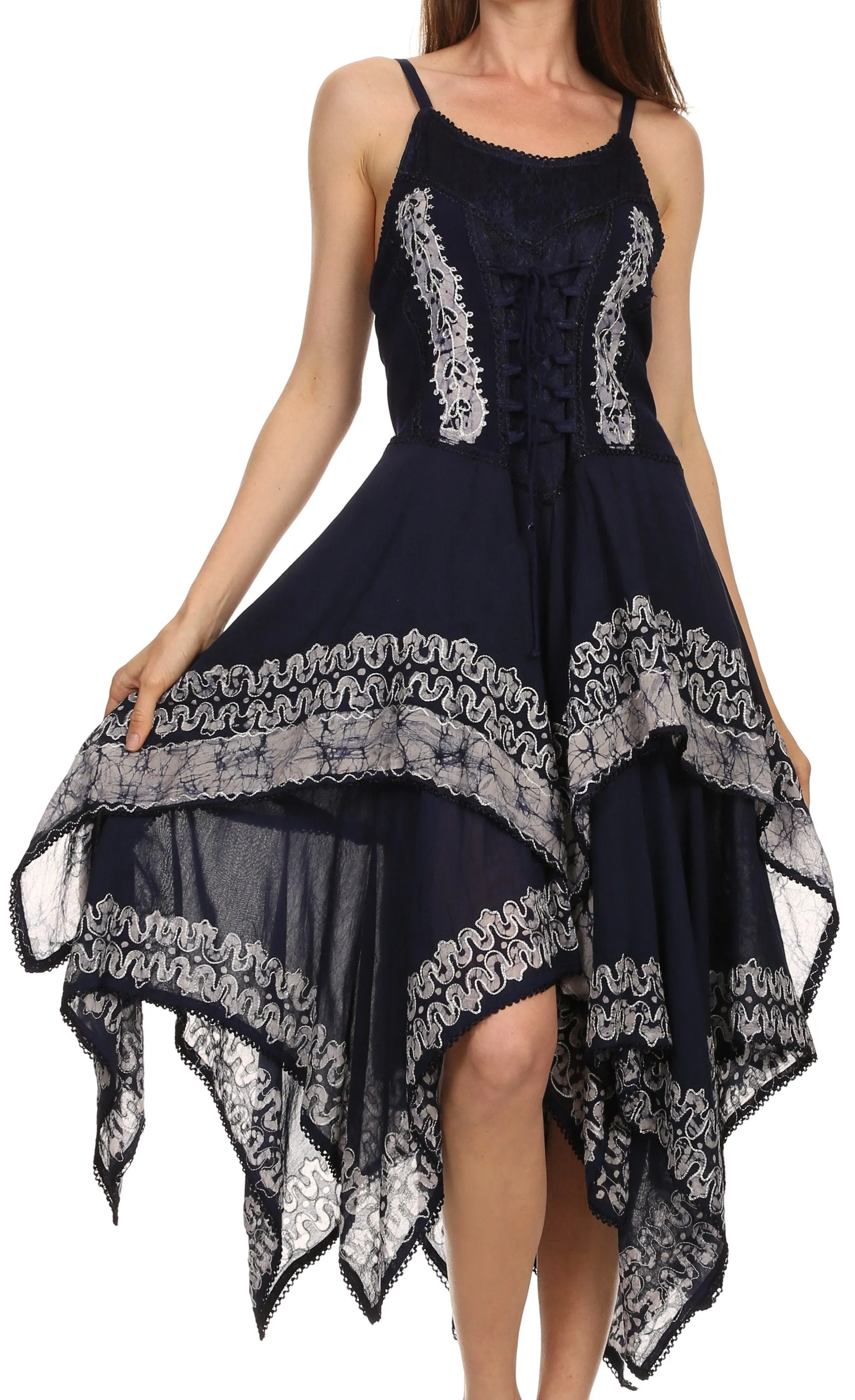 Sakkas Batik Corset Style Bodice Handkerchief Hem Dress