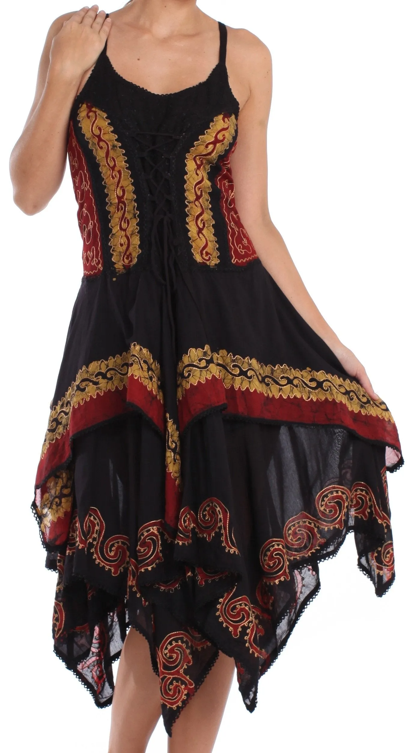 Sakkas Batik Corset Style Bodice Handkerchief Hem Dress