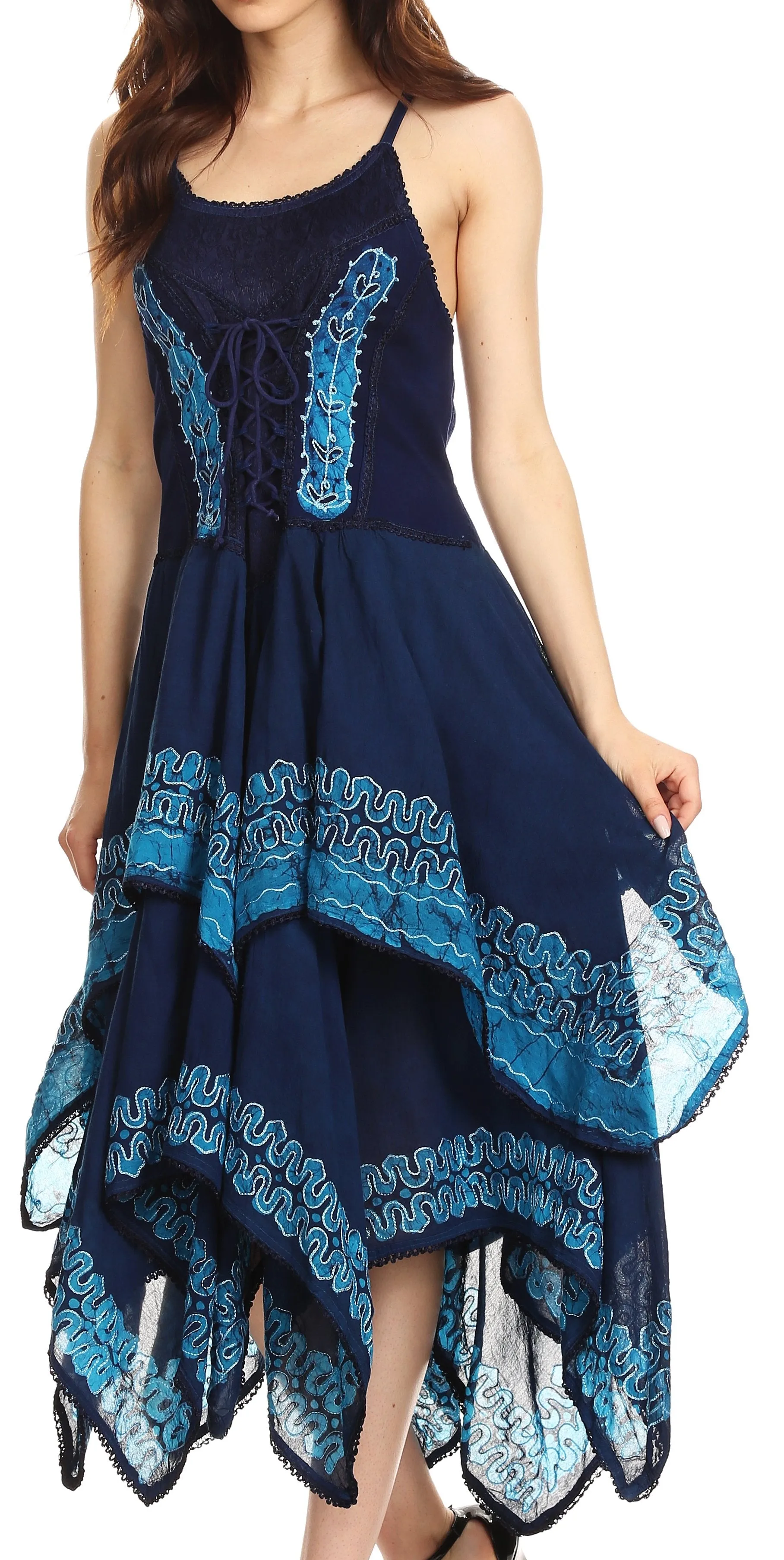 Sakkas Batik Corset Style Bodice Handkerchief Hem Dress