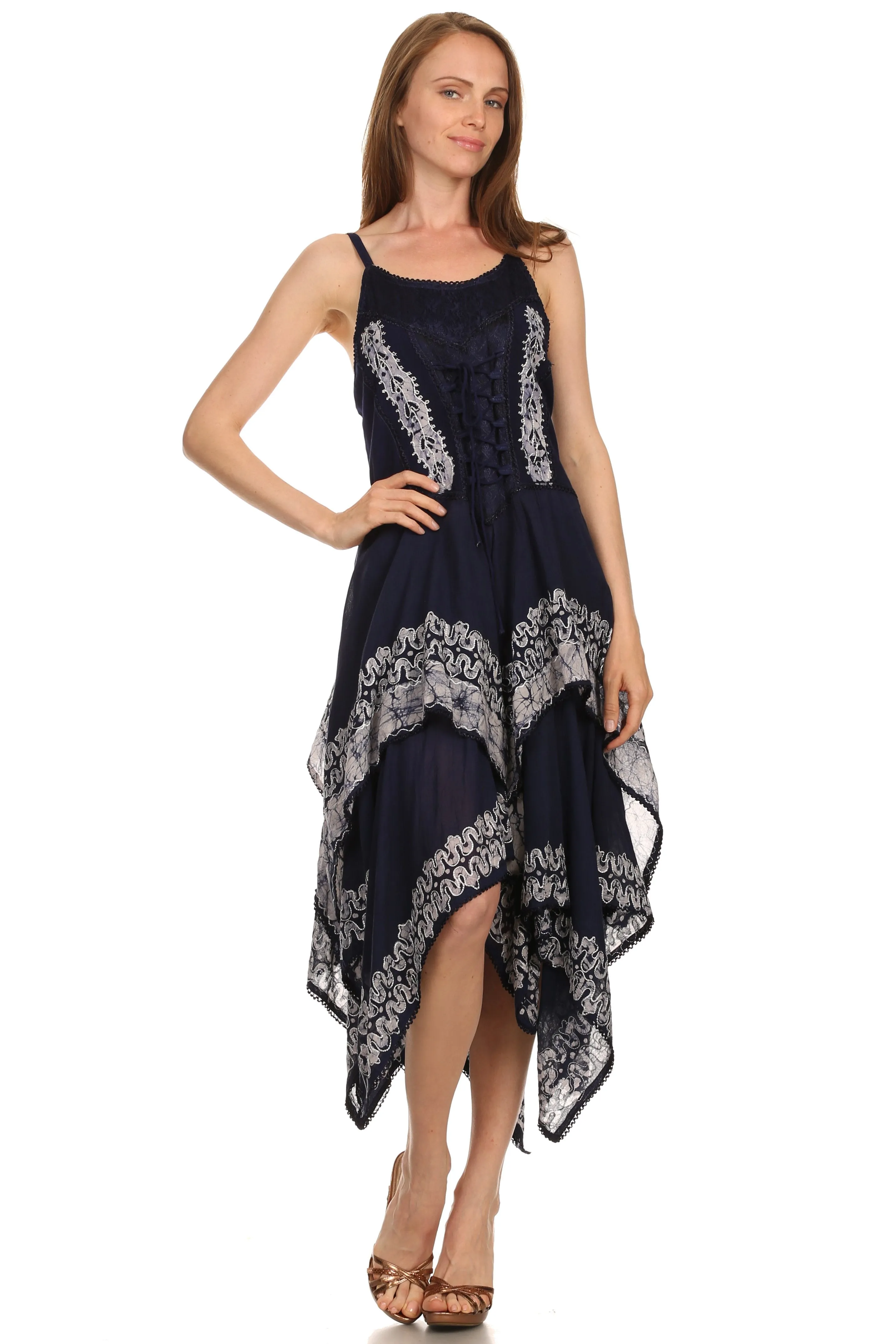 Sakkas Batik Corset Style Bodice Handkerchief Hem Dress