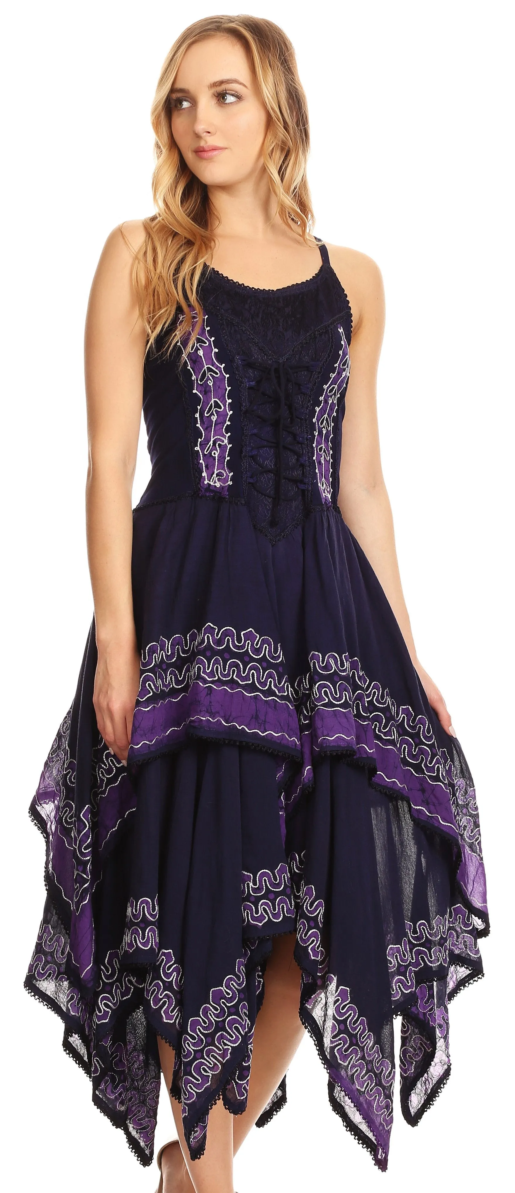 Sakkas Batik Corset Style Bodice Handkerchief Hem Dress