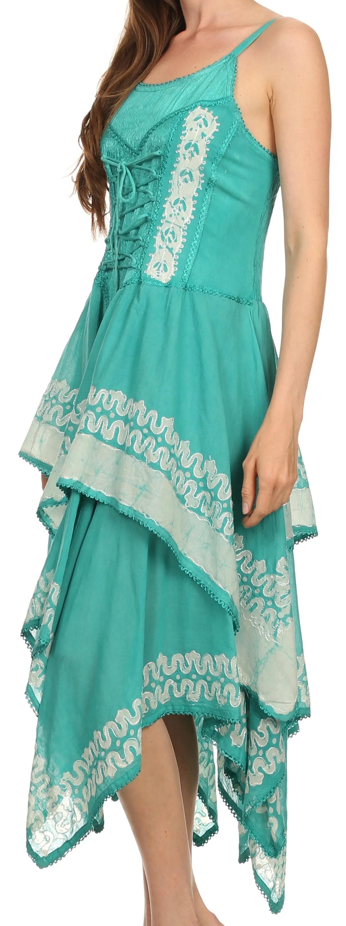 Sakkas Batik Corset Style Bodice Handkerchief Hem Dress
