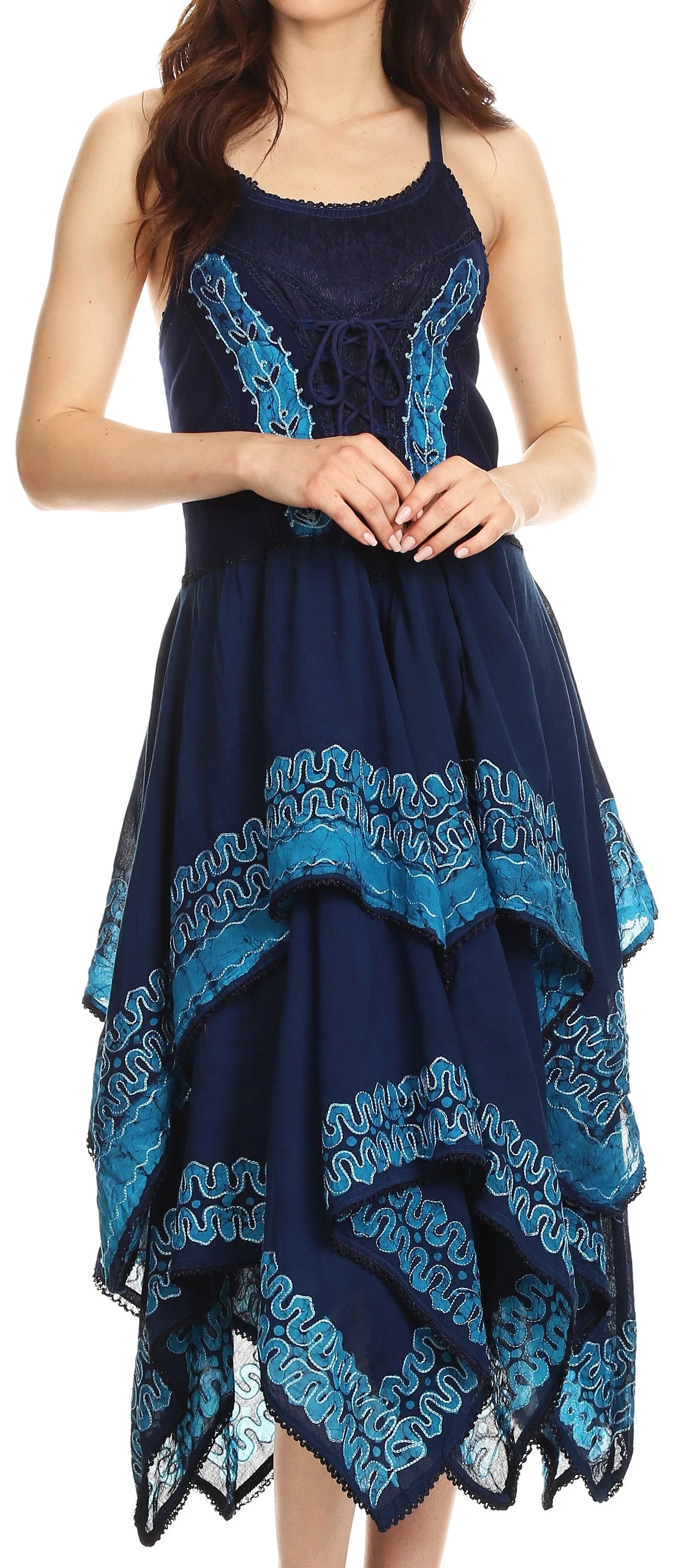 Sakkas Batik Corset Style Bodice Handkerchief Hem Dress