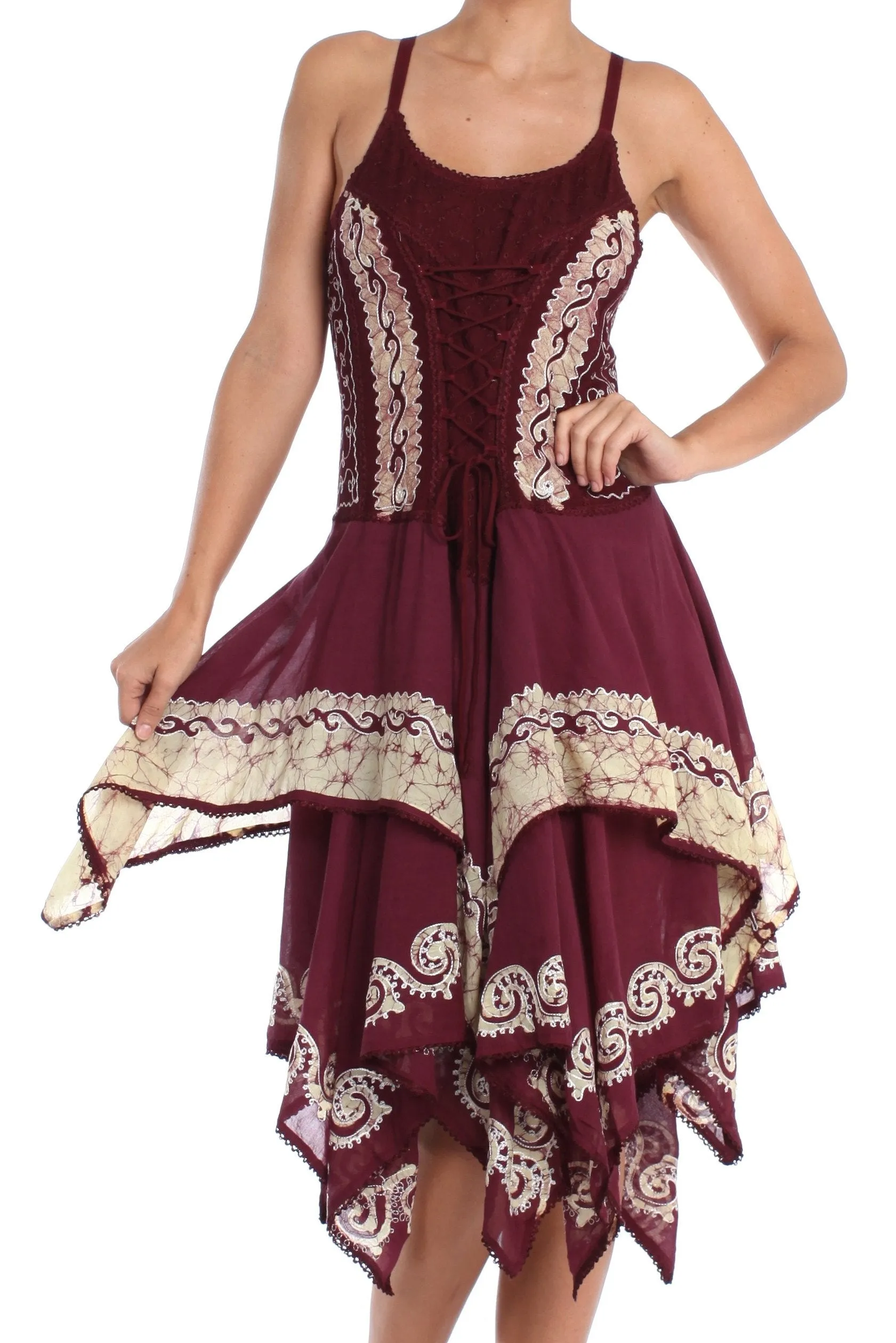 Sakkas Batik Corset Style Bodice Handkerchief Hem Dress