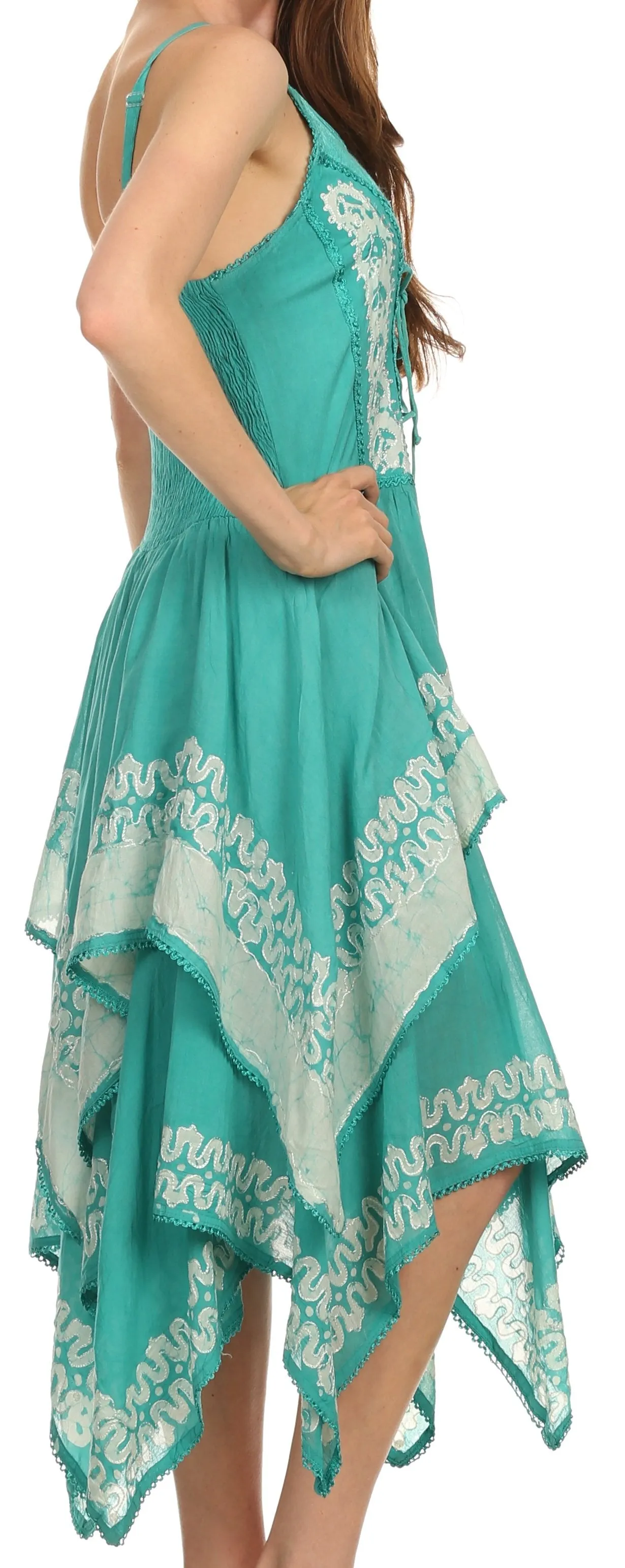 Sakkas Batik Corset Style Bodice Handkerchief Hem Dress