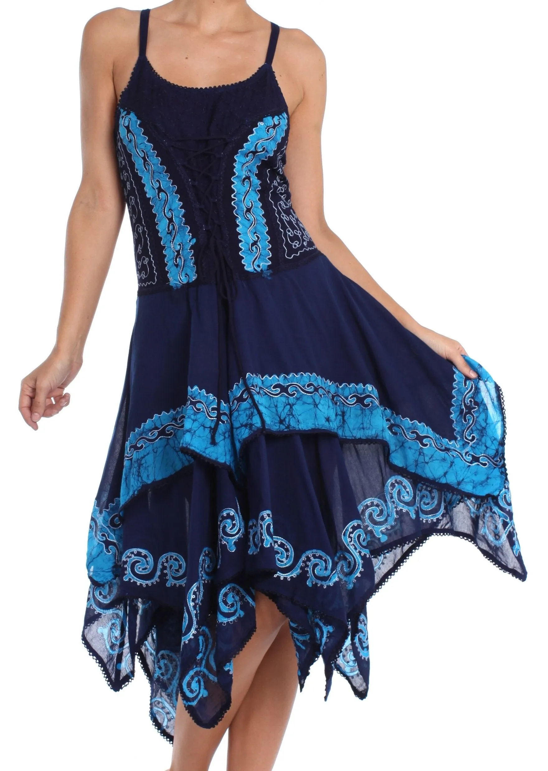 Sakkas Batik Corset Style Bodice Handkerchief Hem Dress