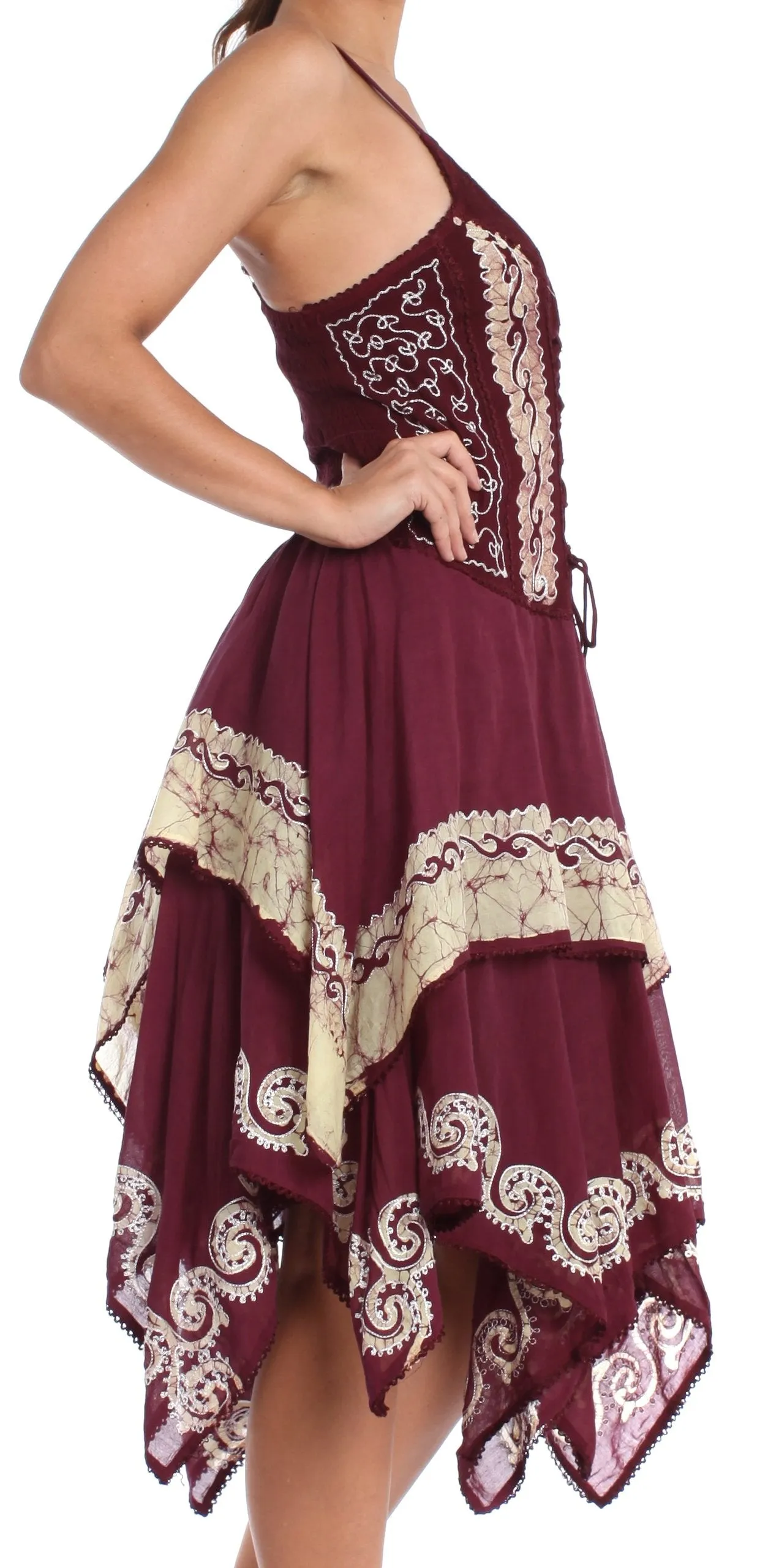 Sakkas Batik Corset Style Bodice Handkerchief Hem Dress