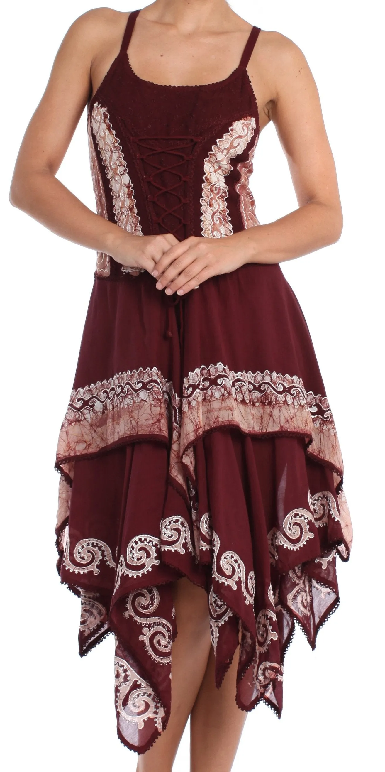 Sakkas Batik Corset Style Bodice Handkerchief Hem Dress