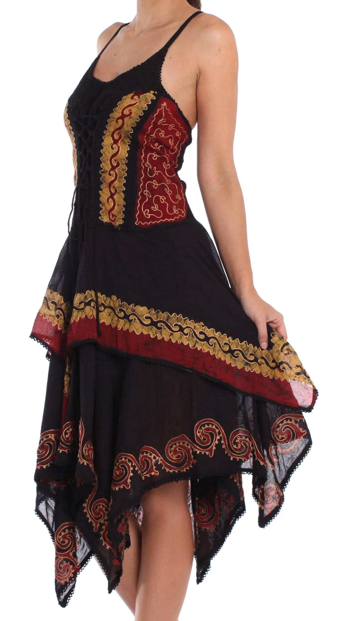 Sakkas Batik Corset Style Bodice Handkerchief Hem Dress