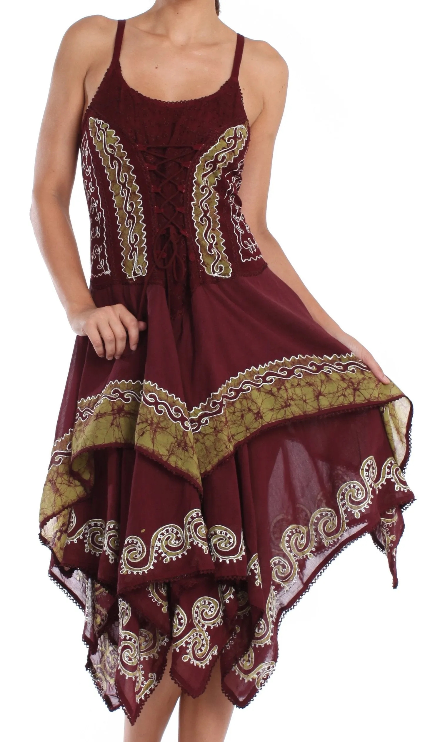 Sakkas Batik Corset Style Bodice Handkerchief Hem Dress