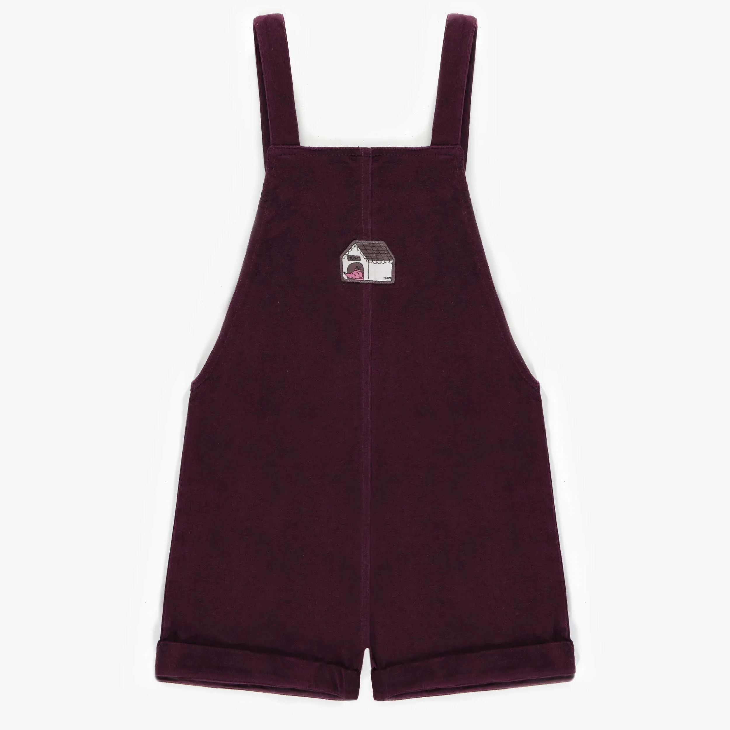 Salopette courte mauve foncée en velours côtelé, enfant || Dark purple short overalls in corduroy, child