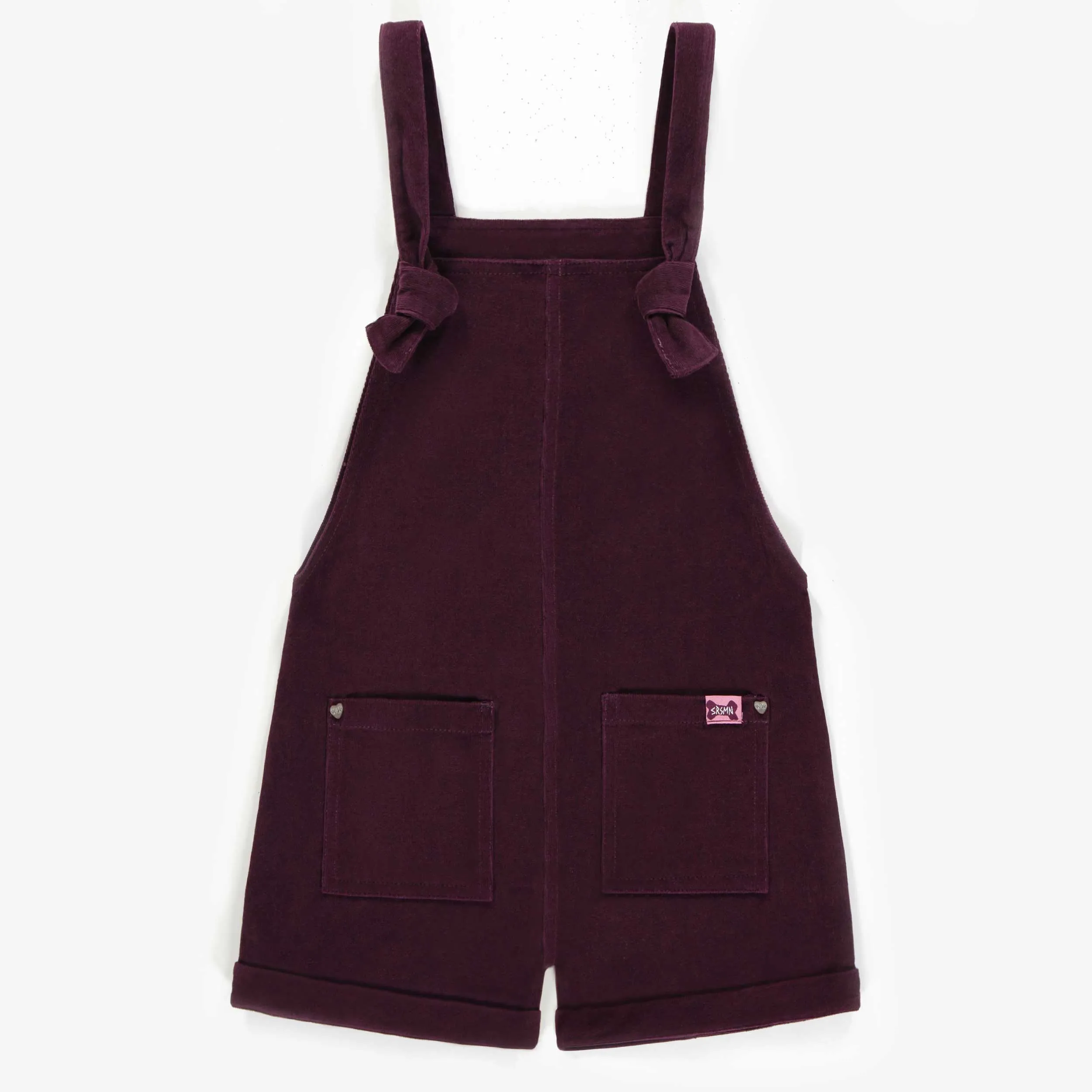Salopette courte mauve foncée en velours côtelé, enfant || Dark purple short overalls in corduroy, child