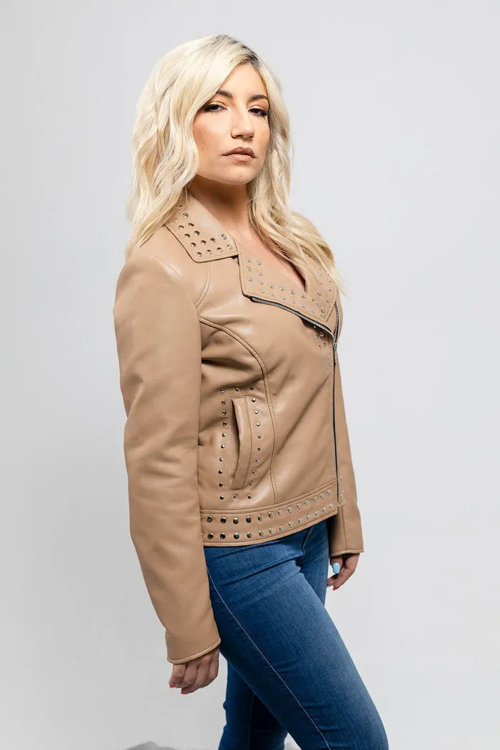 Sandy - Women's Vegan Faux Leather Jacket (Beige)