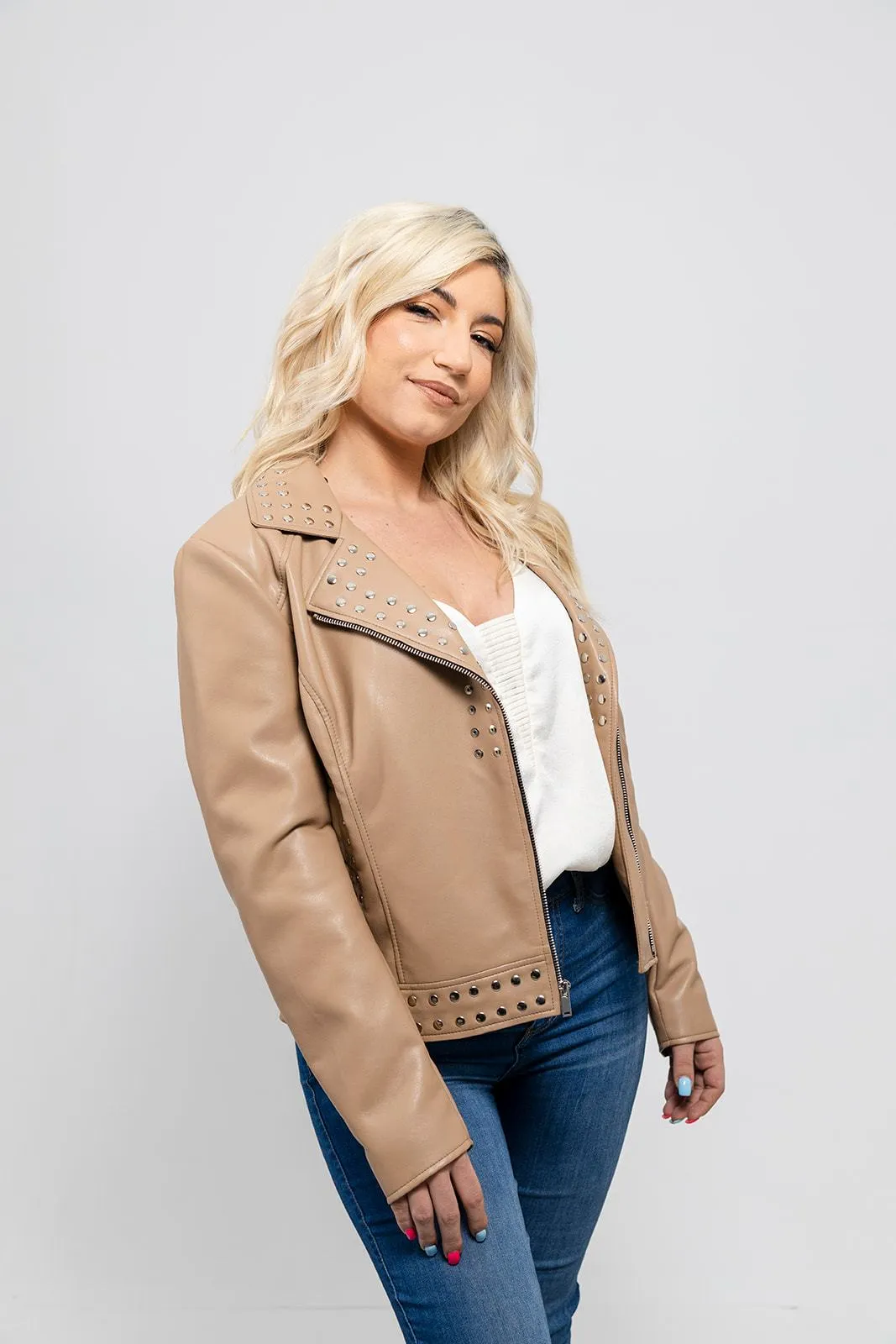 Sandy - Women's Vegan Faux Leather Jacket (Beige)