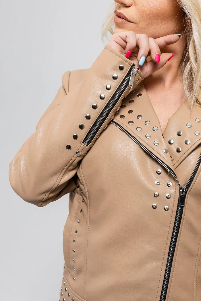 Sandy - Women's Vegan Faux Leather Jacket (Beige)