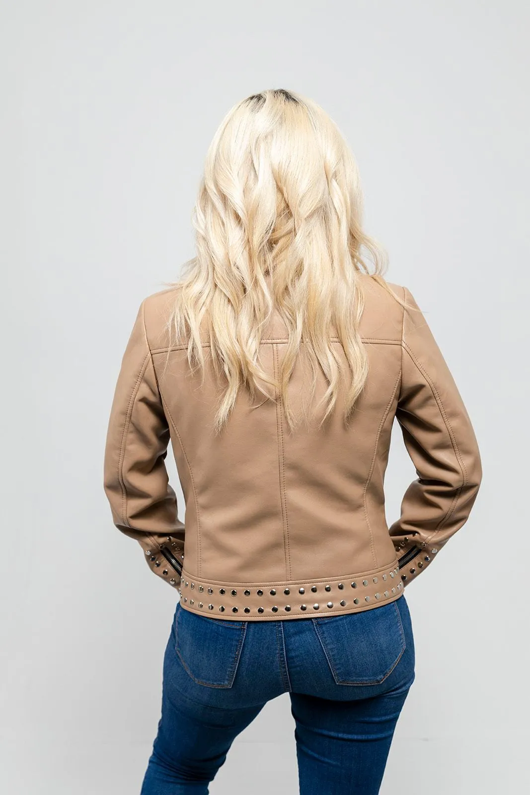 Sandy - Women's Vegan Faux Leather Jacket (Beige)