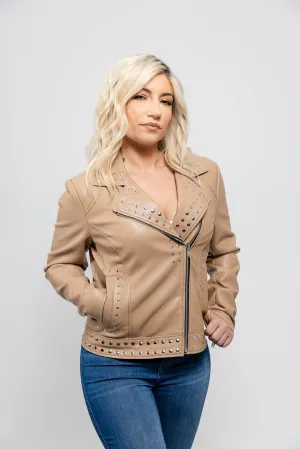 Sandy - Women's Vegan Faux Leather Jacket (Beige)