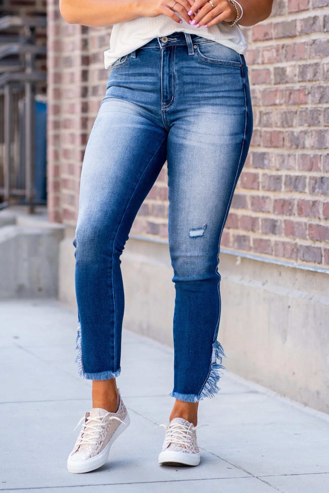 Savvy High Rise Split Fringe Ankle Skinny